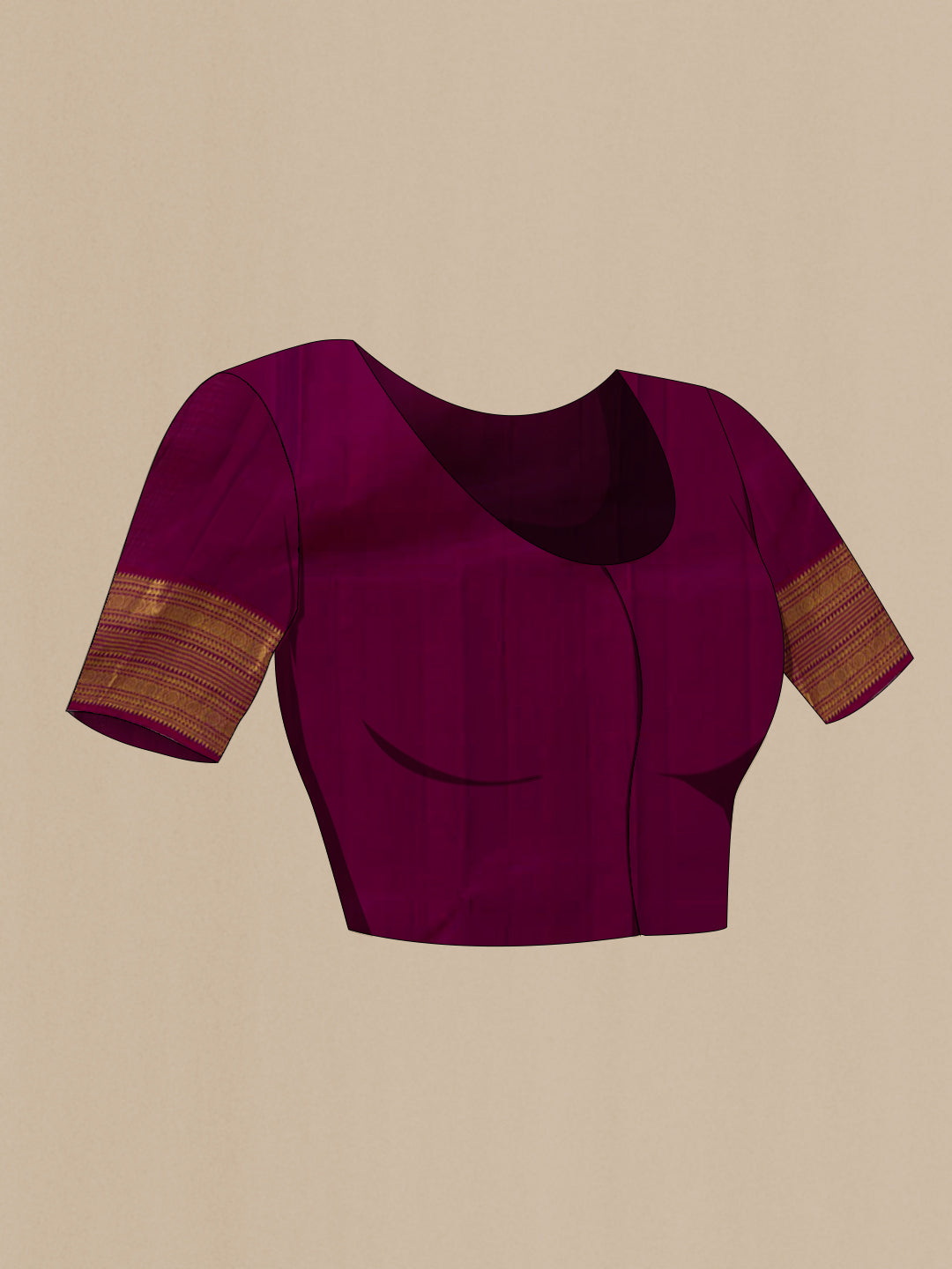 Close up image of the blouse of Imperial Pink Kanjivaram Silk Saree with Zari Butta on the body and Zari Border. 