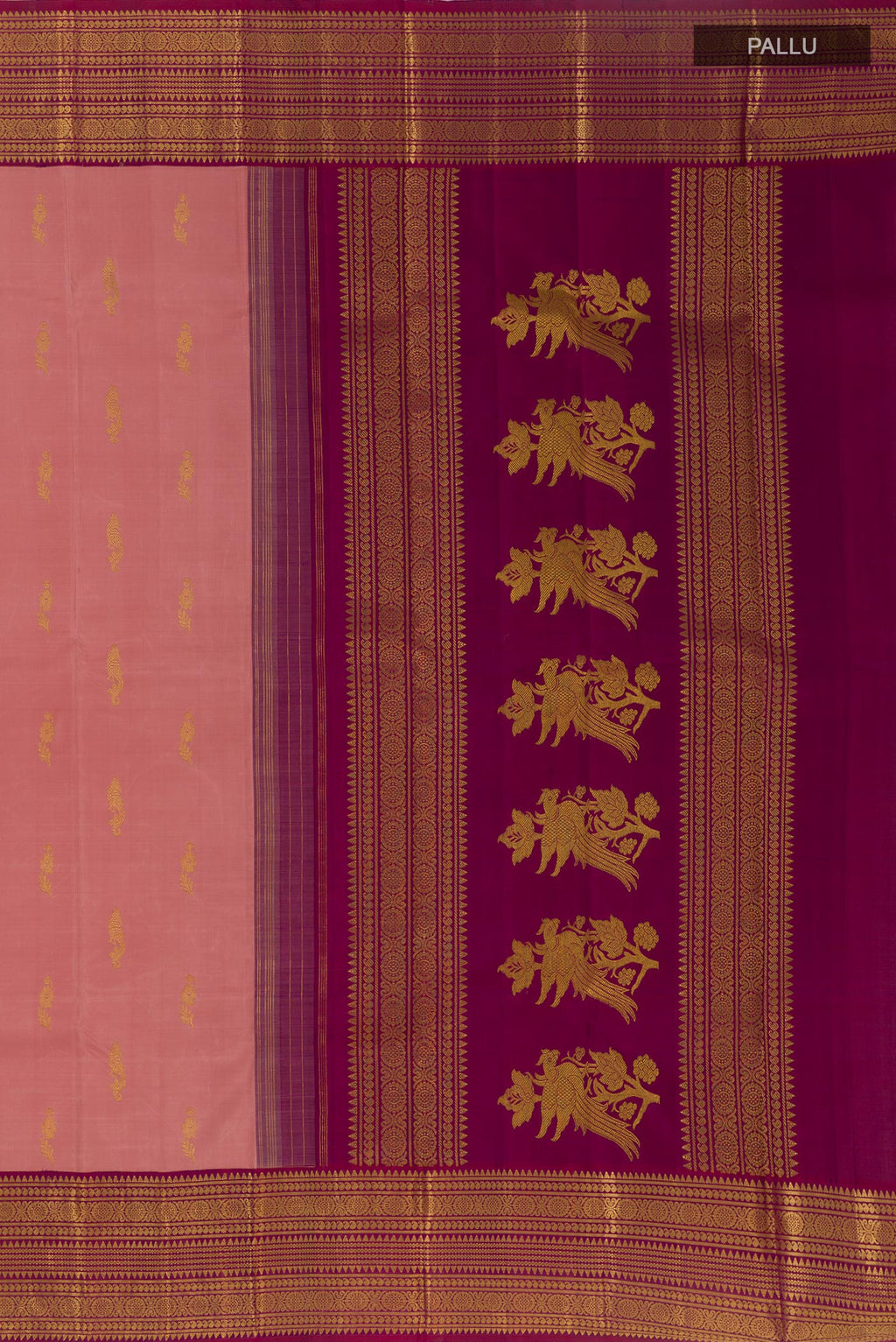 Close up image of the pallu of Imperial Pink Kanjivaram Silk Saree with Zari Butta on the body and Zari Border. 