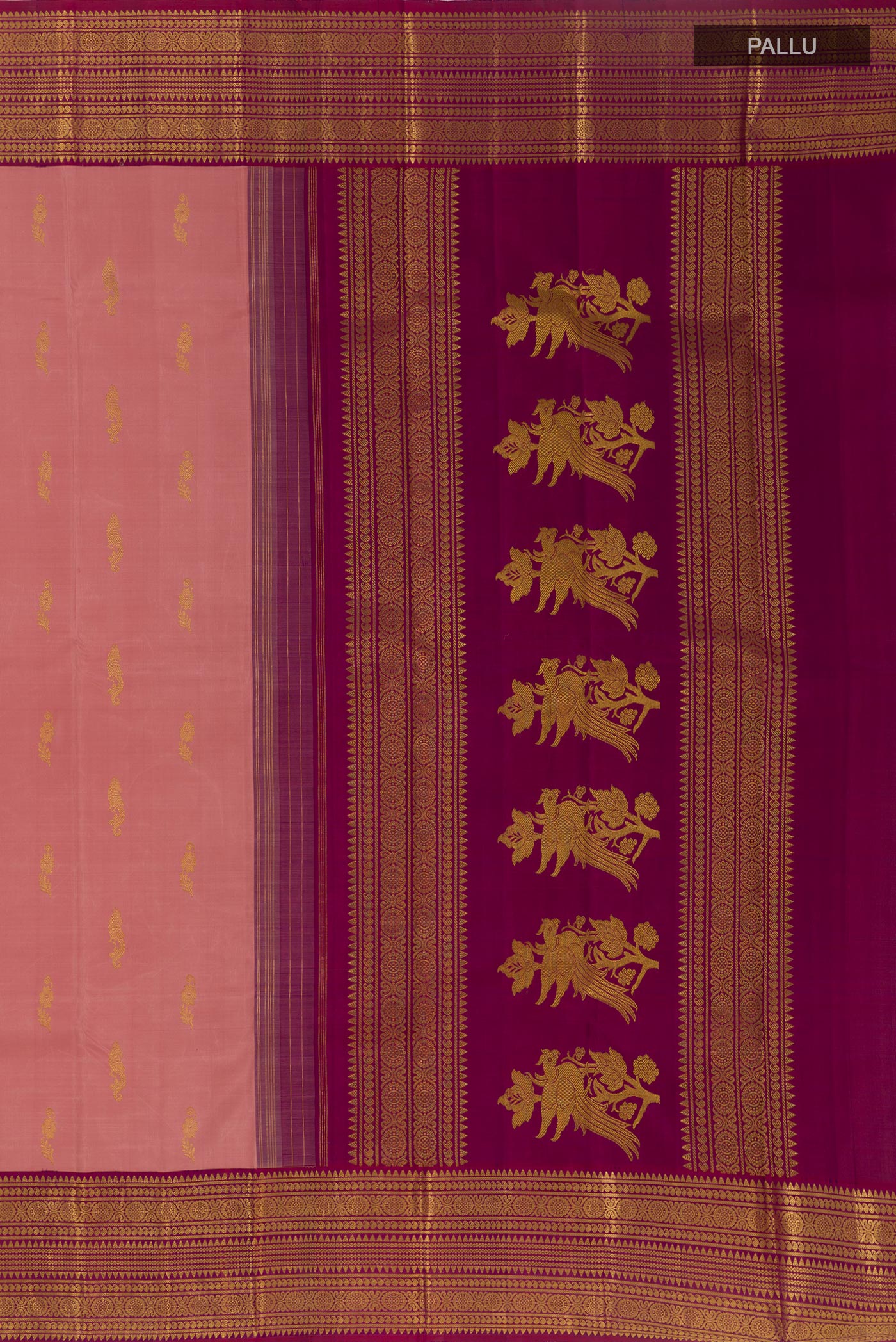 Close up image of the pallu of Imperial Pink Kanjivaram Silk Saree with Zari Butta on the body and Zari Border. 