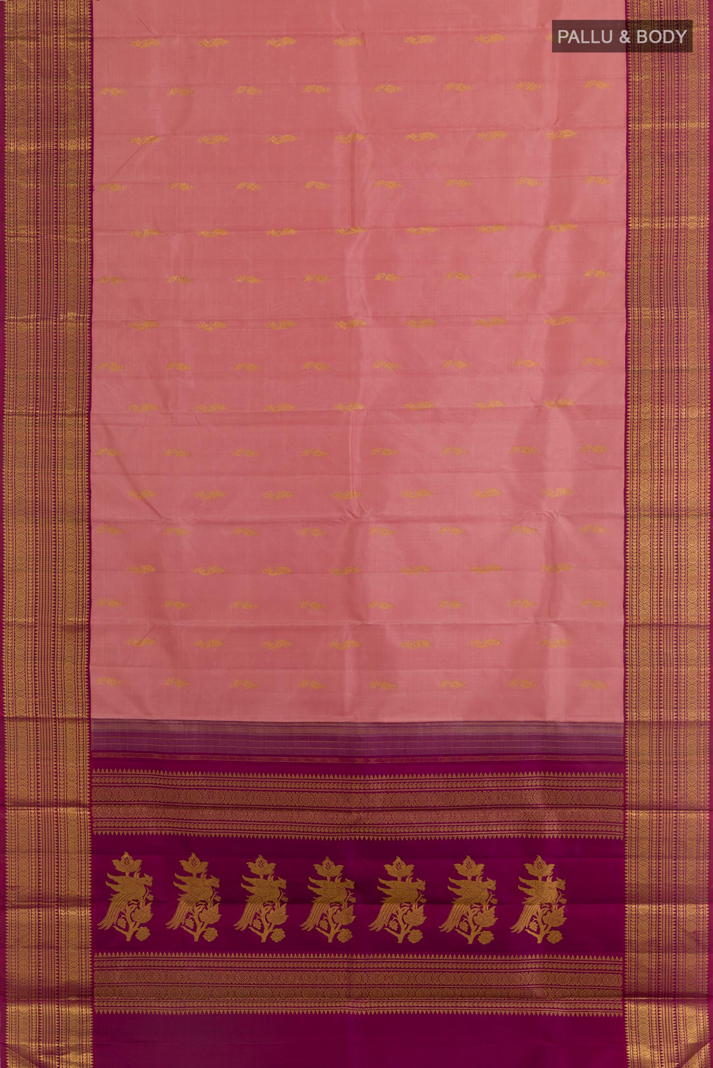 Flat view of Imperial Pink Kanjivaram Silk Saree with Zari Butta on the body and Zari Border. 