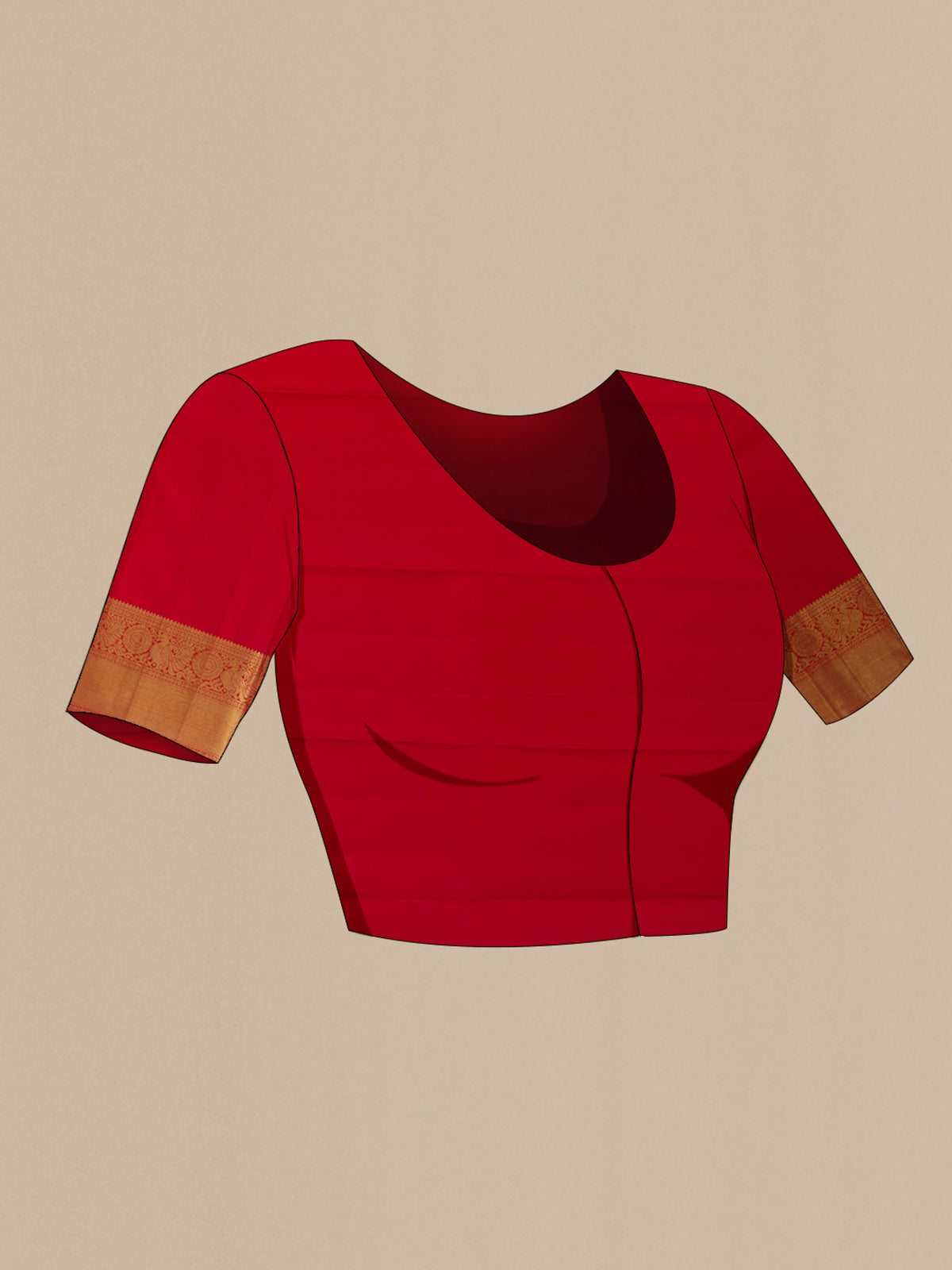Close up image of the blouse of Pure Silk Pure Zari Red Kanchipuram Saree with Zari Butta on the body and Zari Border. 