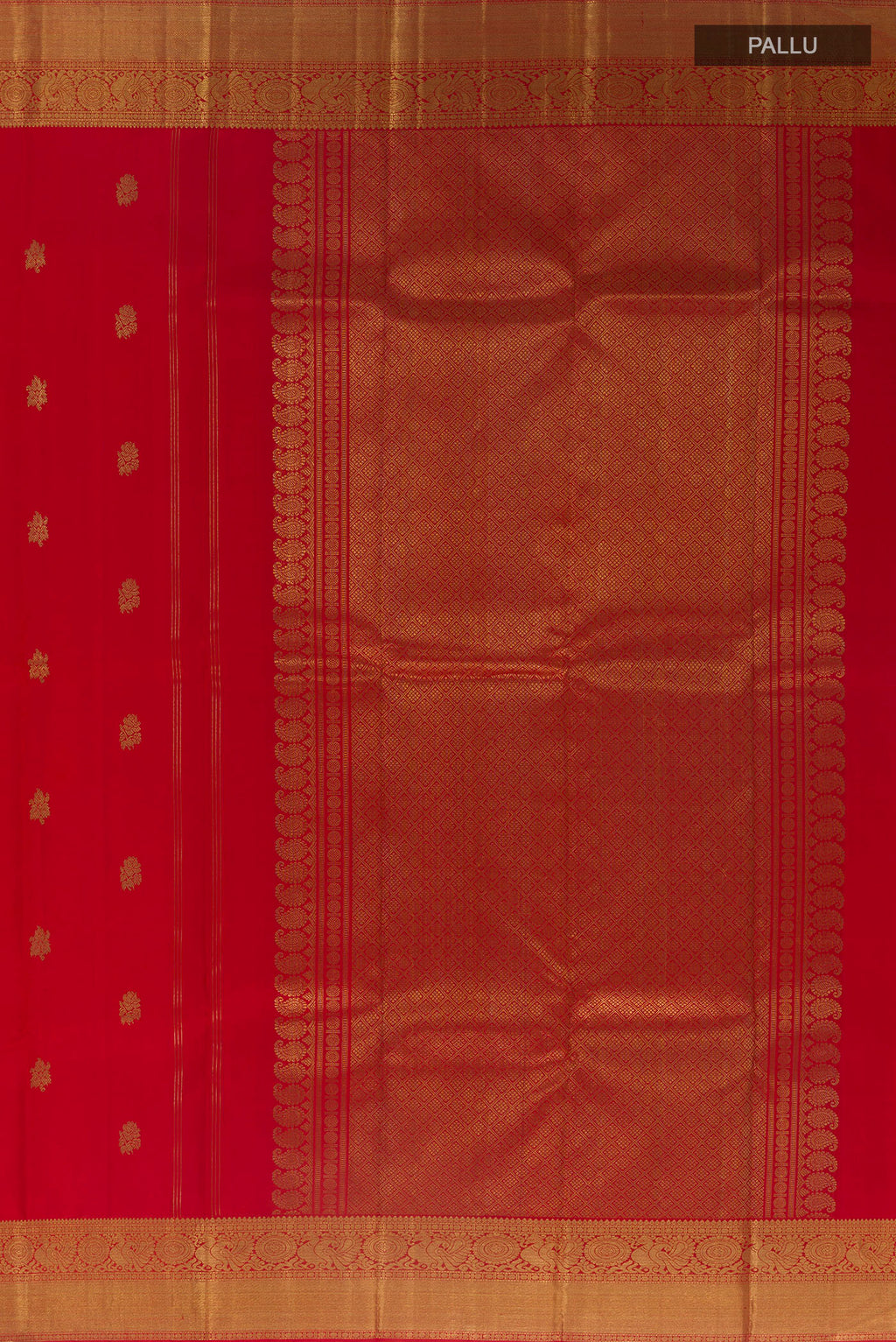 Close up image of the pallu of Pure Silk Pure Zari Red Kanchipuram Saree with Zari Butta on the body and Zari Border. 