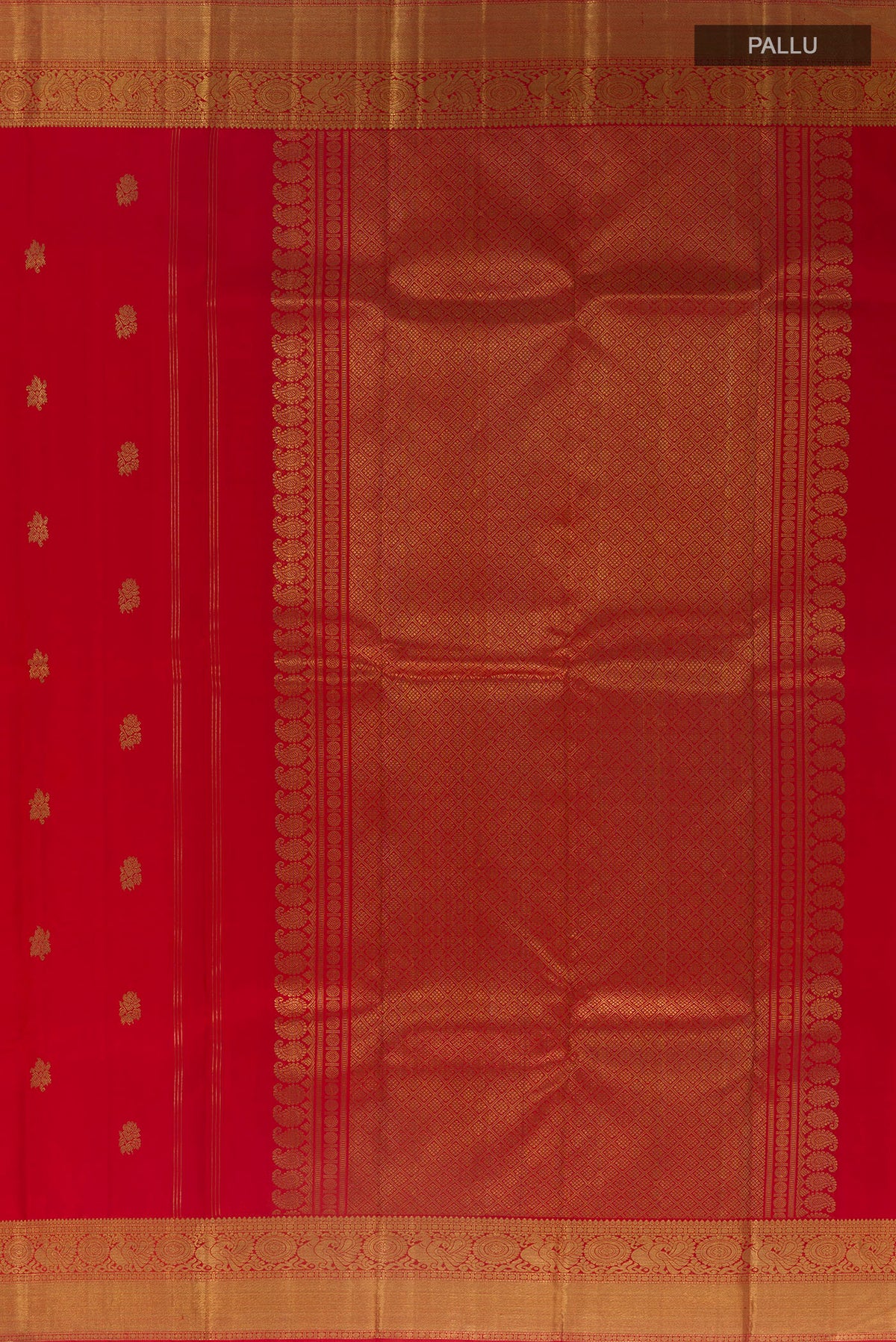 Close up image of the pallu of Pure Silk Pure Zari Red Kanchipuram Saree with Zari Butta on the body and Zari Border. 