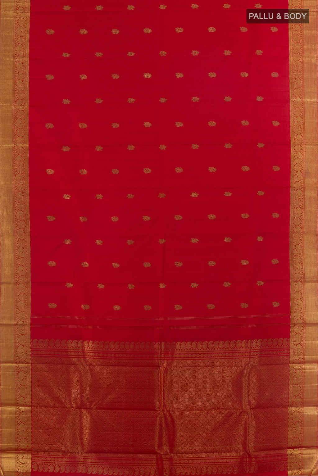 Flat view of Pure Silk Pure Zari Red Kanchipuram Saree with Zari Butta on the body and Zari Border. 