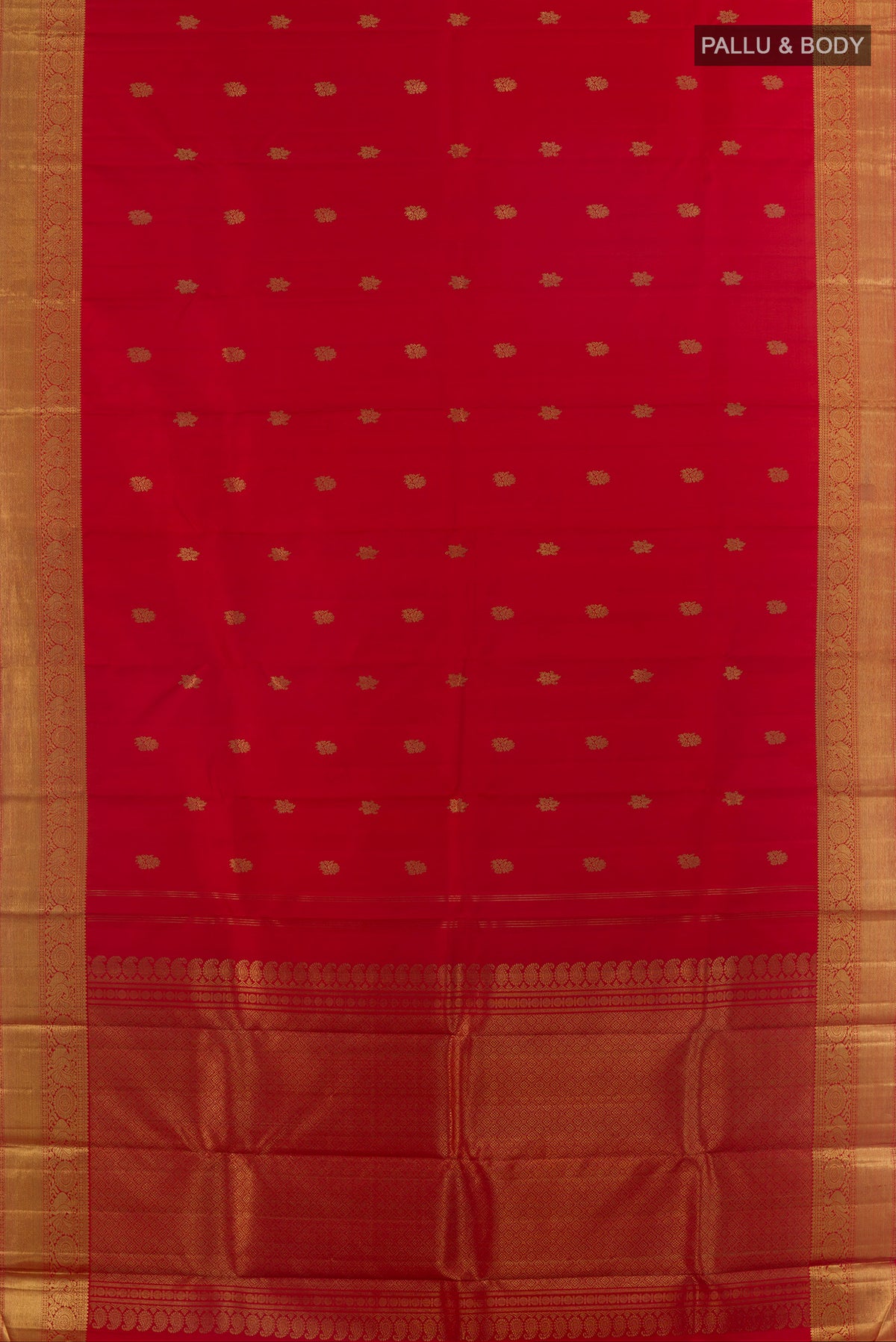 Flat view of Pure Silk Pure Zari Red Kanchipuram Saree with Zari Butta on the body and Zari Border. 