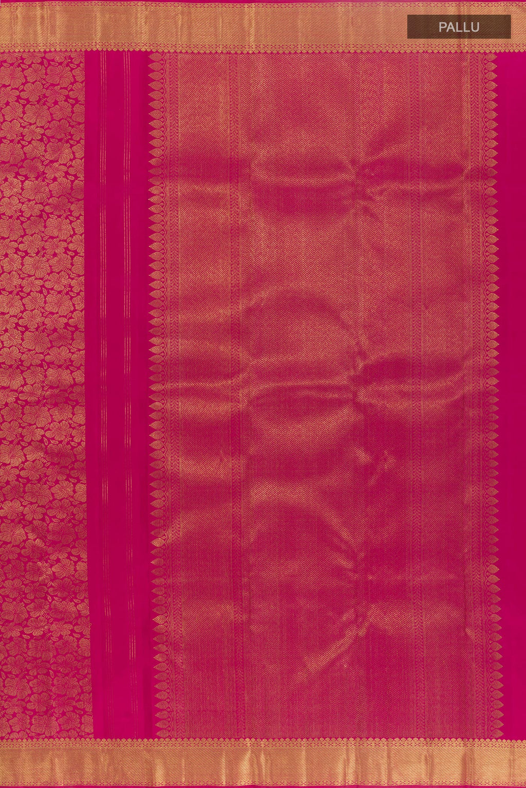 Close up image of the pallu of Pure Silk Pure Zari Pink Kanjivaram Saree with Zari Brocade on the body and Zari Border. 