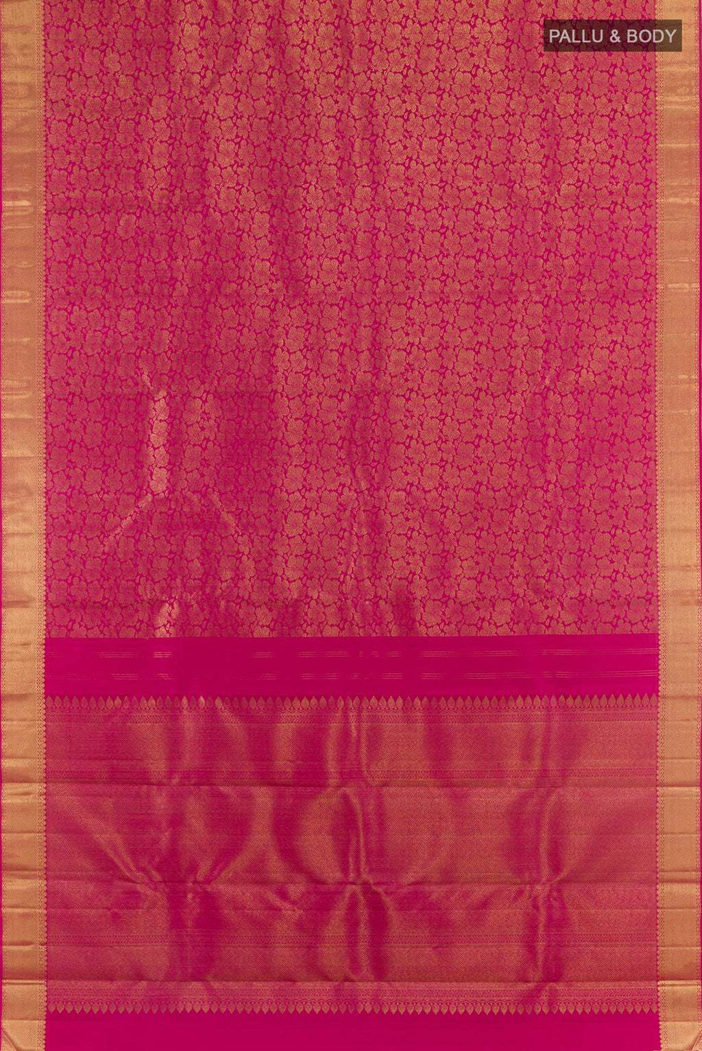 Flat view of Pure Silk Pure Zari Pink Kanjivaram Saree with Zari Brocade on the body and Zari Border. 