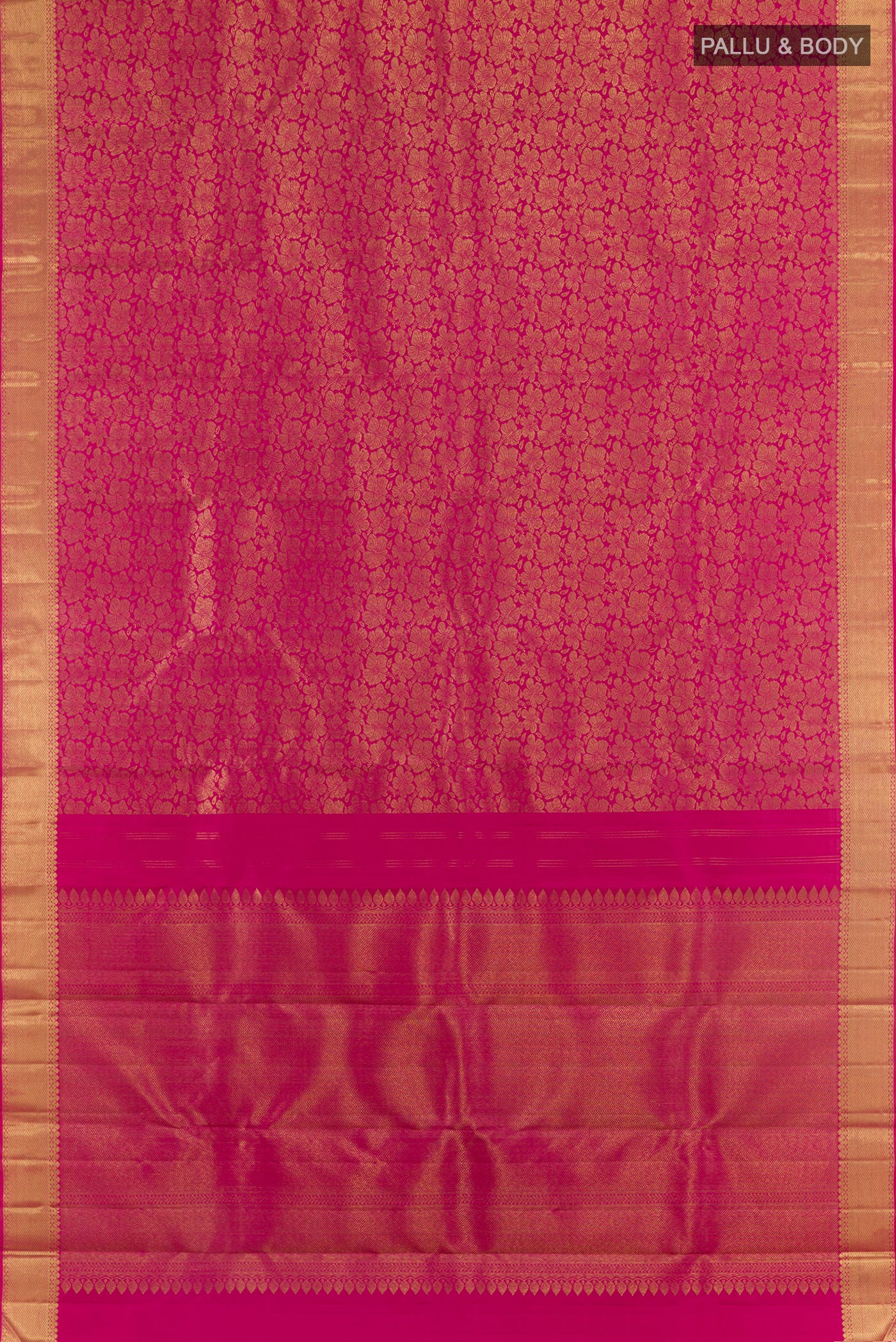 Flat view of Pure Silk Pure Zari Pink Kanjivaram Saree with Zari Brocade on the body and Zari Border. 