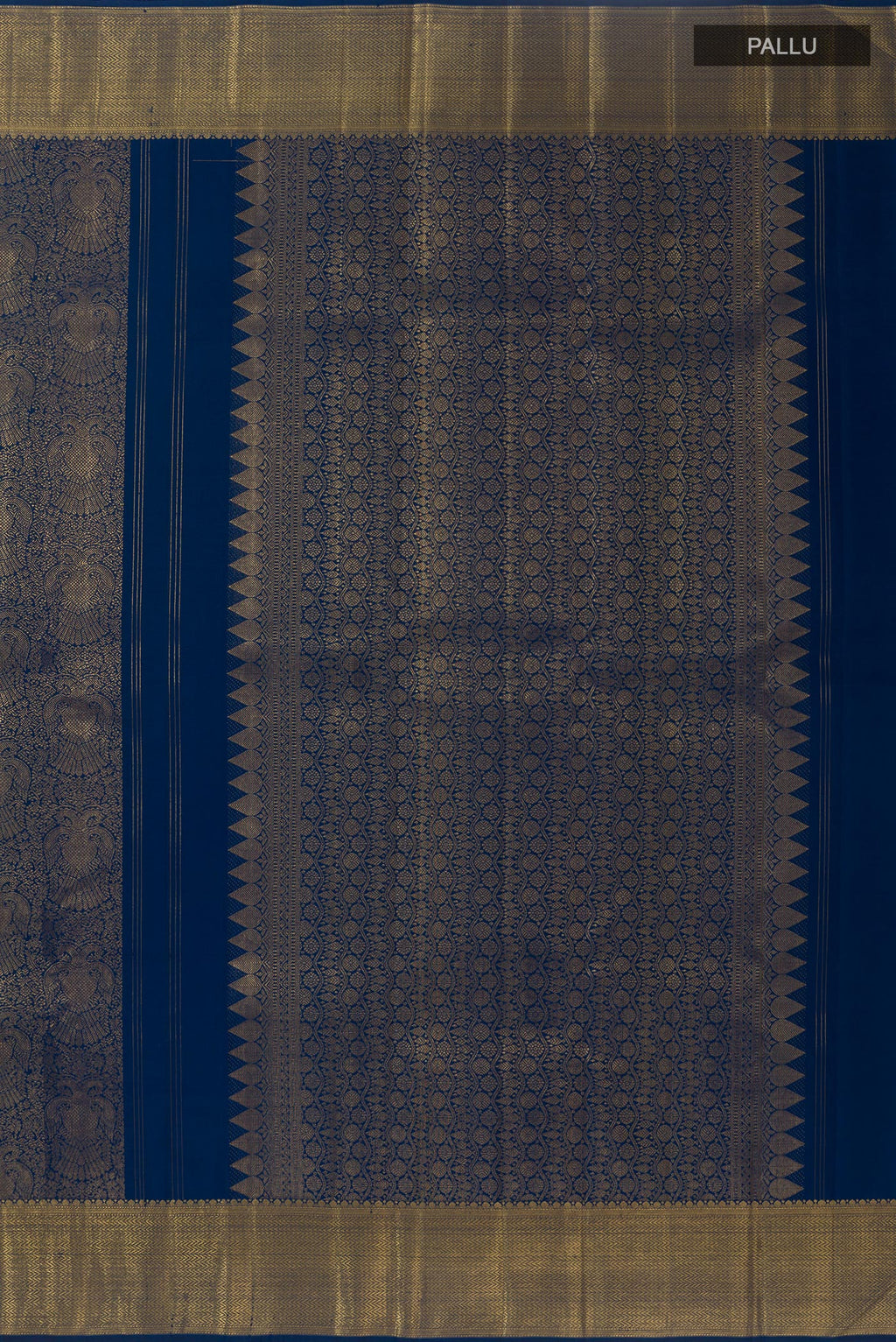Close up image of the pallu of Pure Silk Pure Zari Blue Kanjivaram Saree with Zari Brocade on the body and Zari Border. 