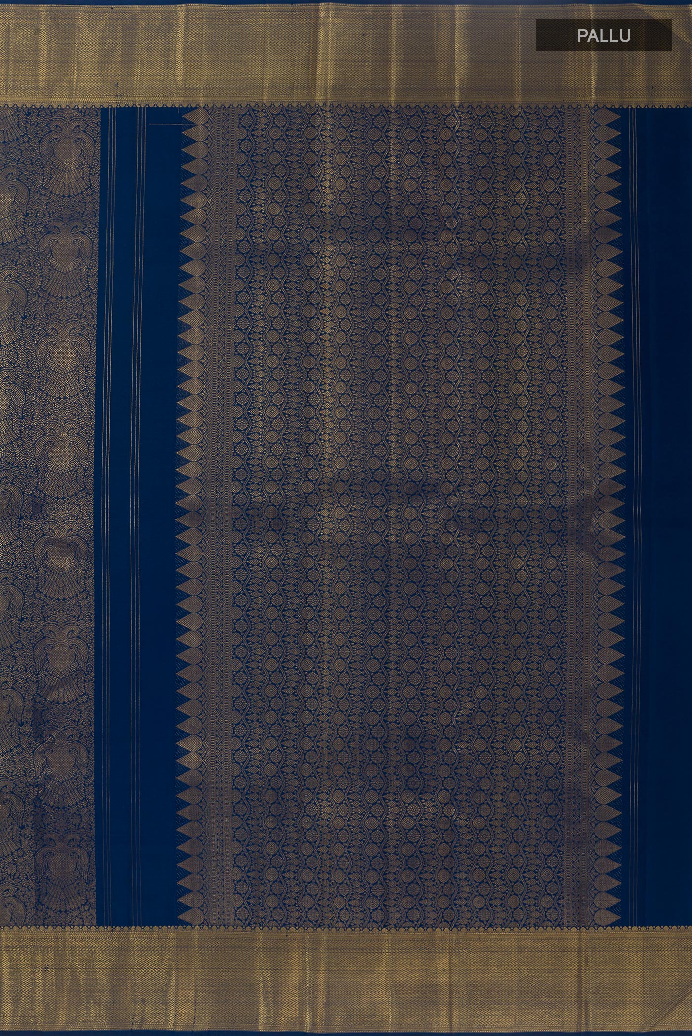 Close up image of the pallu of Pure Silk Pure Zari Blue Kanjivaram Saree with Zari Brocade on the body and Zari Border. 