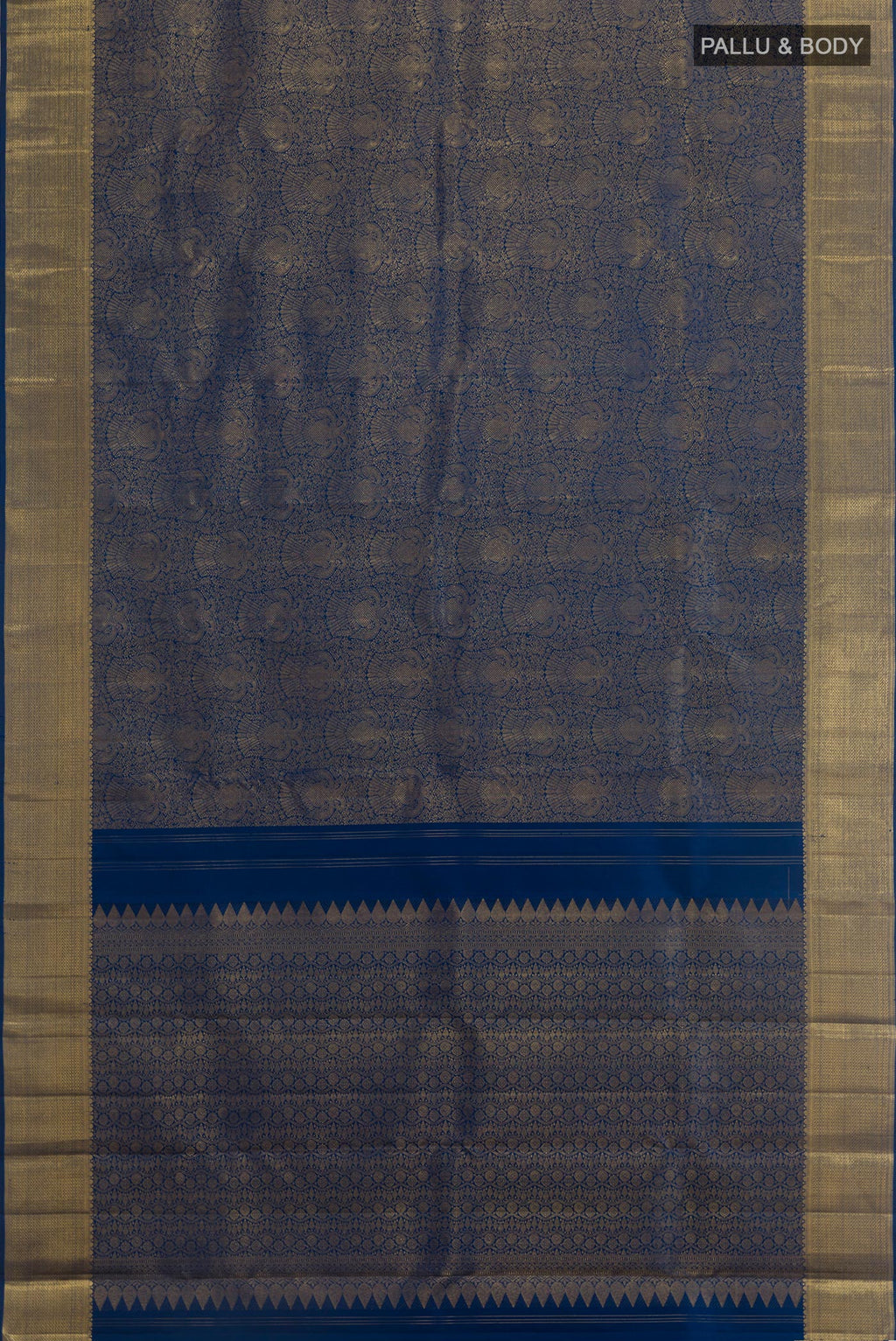 Flat view of Pure Silk Pure Zari Blue Kanjivaram Saree with Zari Brocade on the body and Zari Border. 