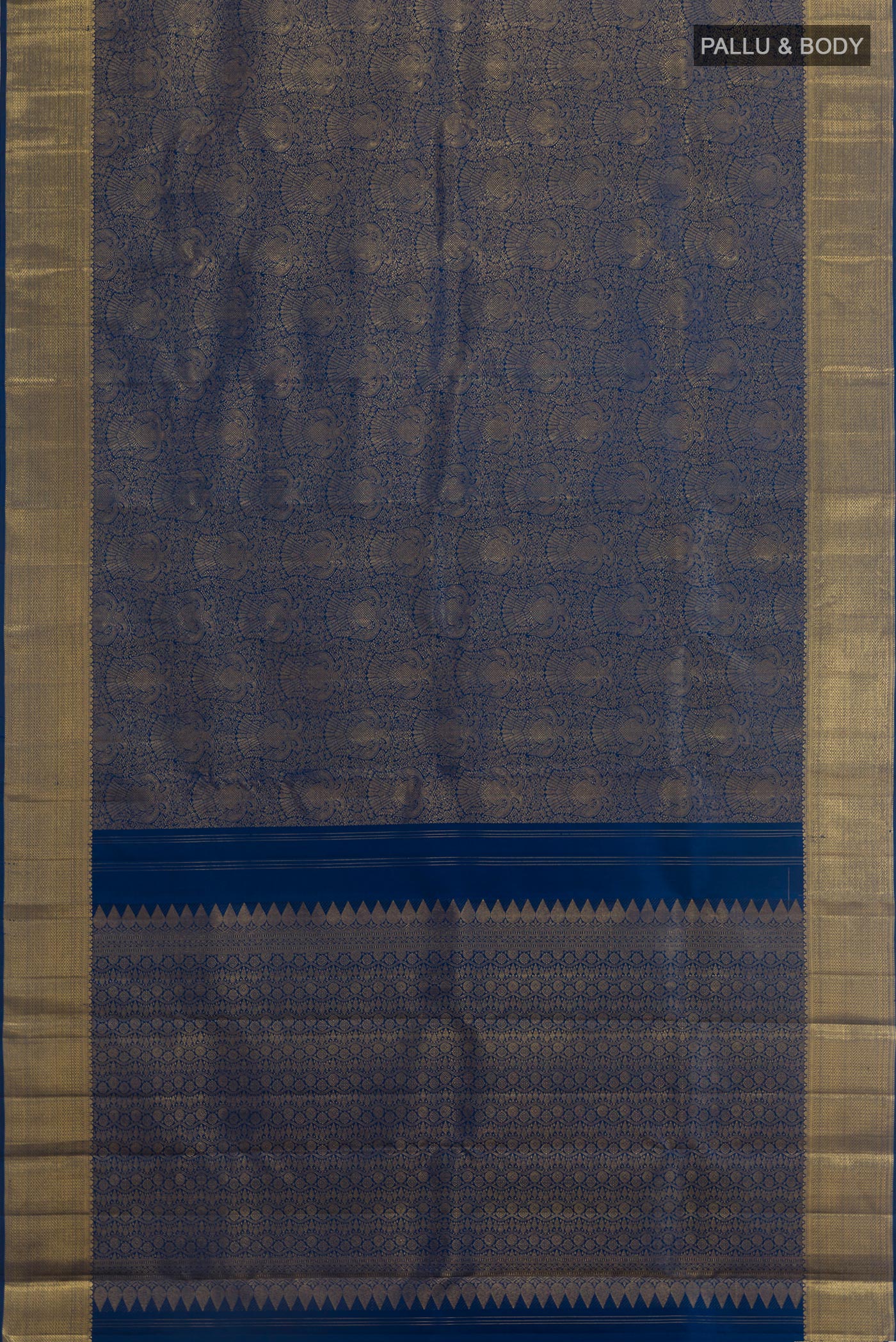 Flat view of Pure Silk Pure Zari Blue Kanjivaram Saree with Zari Brocade on the body and Zari Border. 