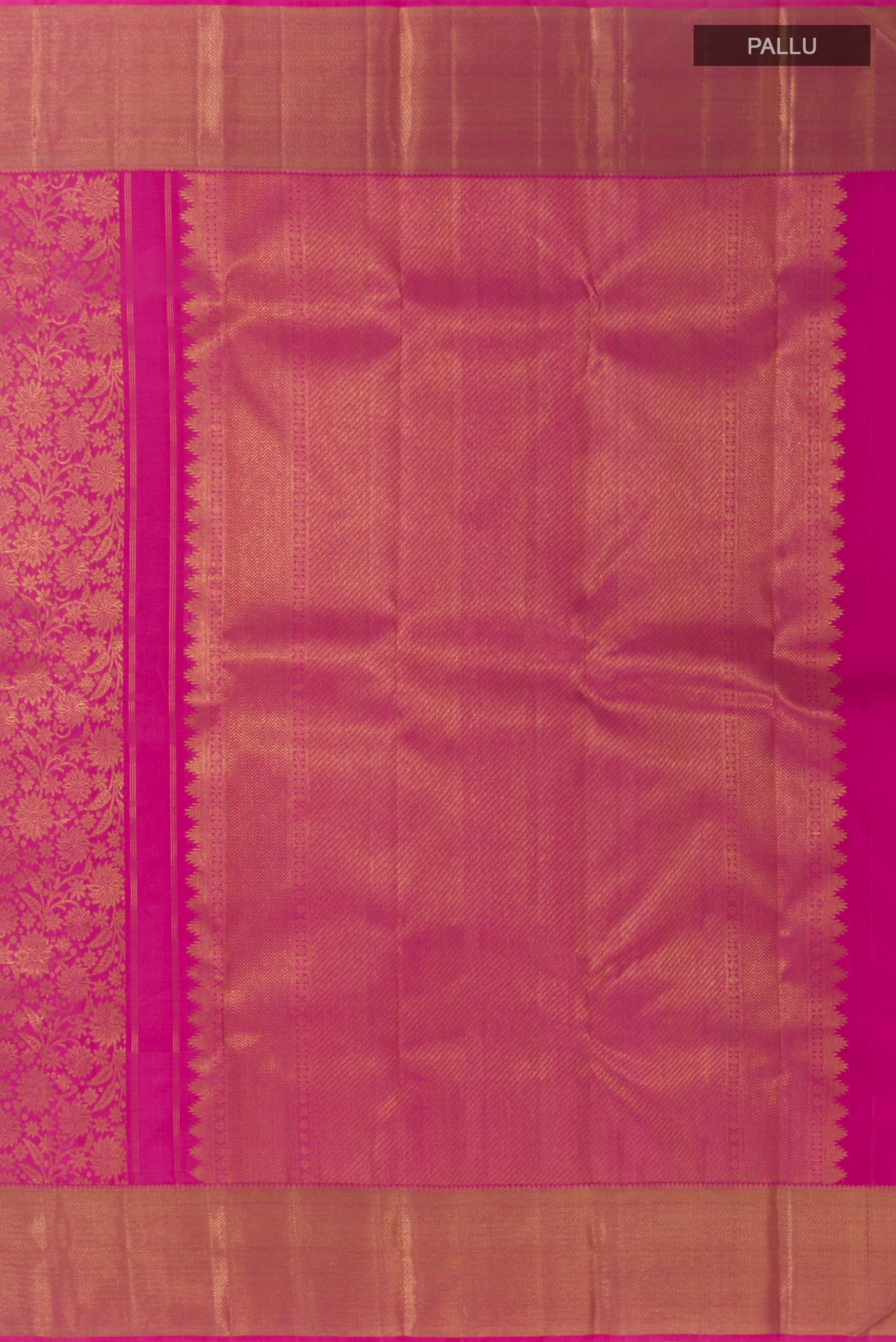 Close up image of the pallu of Pure Silk Pure Zari Pink Kanjivaram Saree with Zari Brocade on the body and Zari Border. 