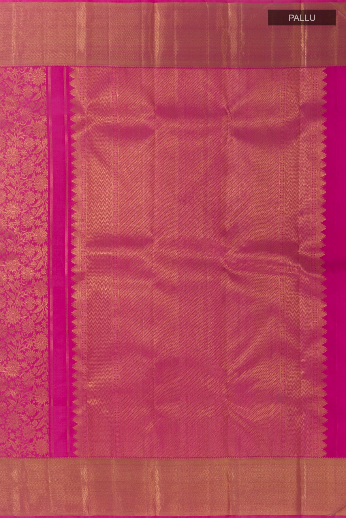 Close up image of the pallu of Pure Silk Pure Zari Pink Kanjivaram Saree with Zari Brocade on the body and Zari Border. 