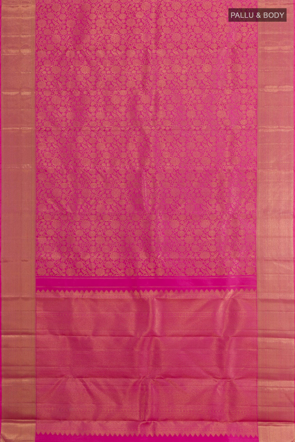 Flat view of Pure Silk Pure Zari Pink Kanjivaram Saree with Zari Brocade on the body and Zari Border. 