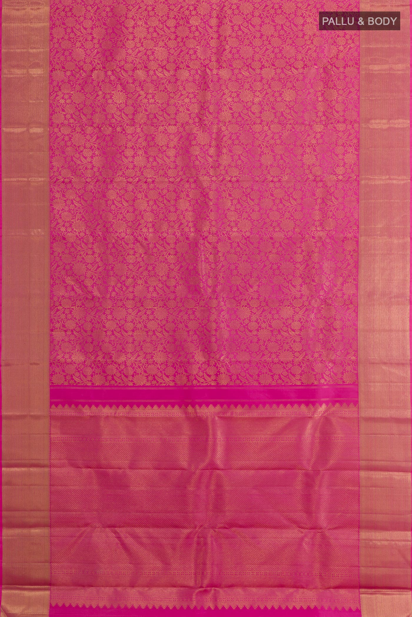 Flat view of Pure Silk Pure Zari Pink Kanjivaram Saree with Zari Brocade on the body and Zari Border. 