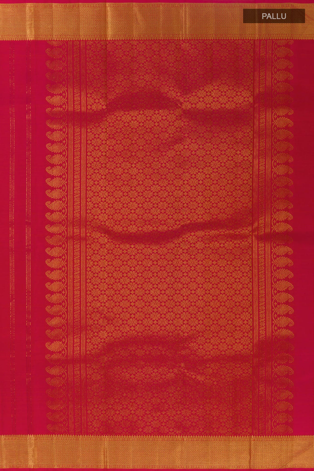 Close up image of the pallu of Pink Kanjivaram Silk Saree with Zari Butta on the body and Zari Border. 