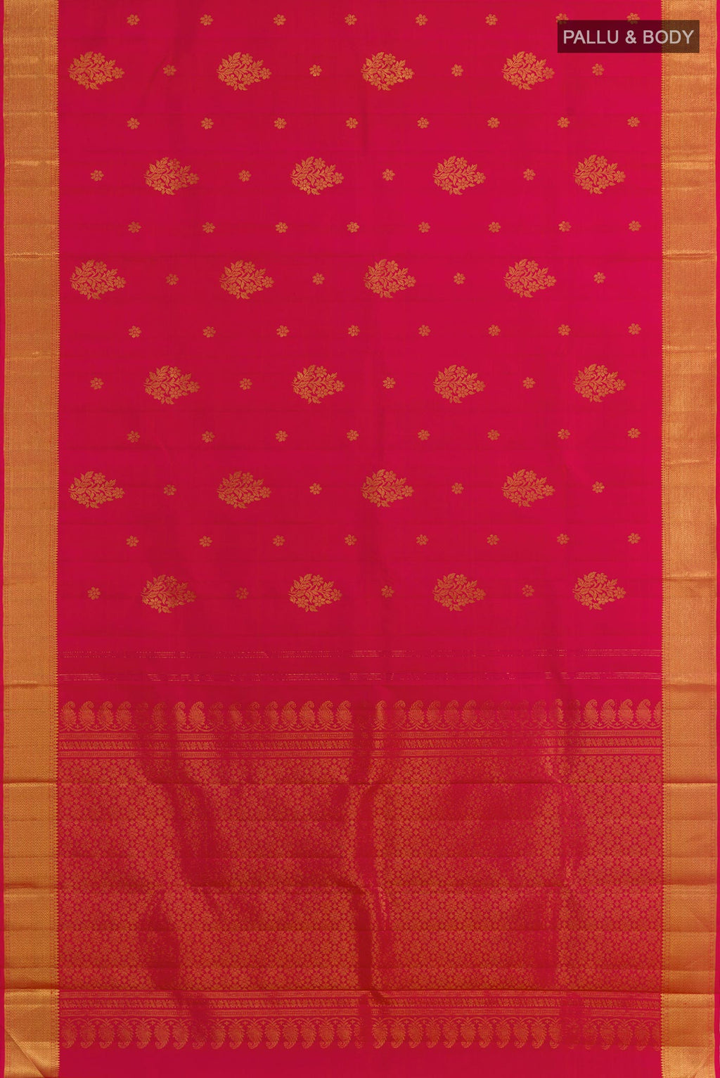 Flat view of Pink Kanjivaram Silk Saree with Zari Butta on the body and Zari Border. 