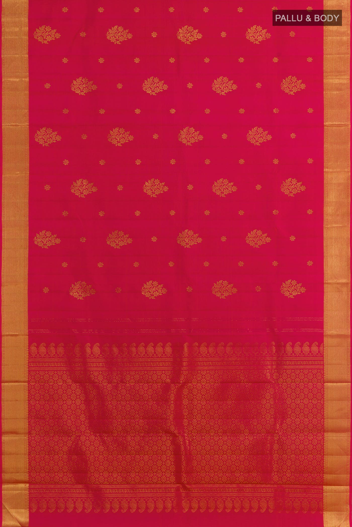 Flat view of Pink Kanjivaram Silk Saree with Zari Butta on the body and Zari Border. 
