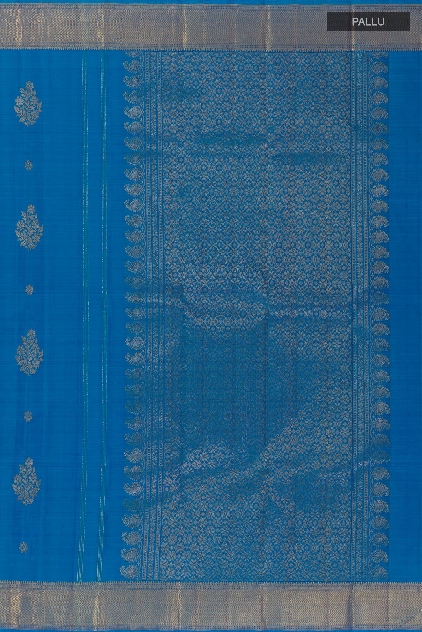 Close up image of the pallu of Royal Blue Kanjivaram Silk Saree with Zari Butta on the body and Zari Border. 