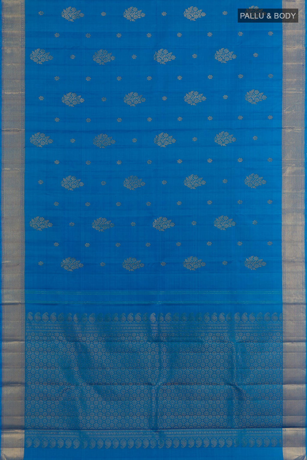 Flat view of Royal Blue Kanjivaram Silk Saree with Zari Butta on the body and Zari Border. 