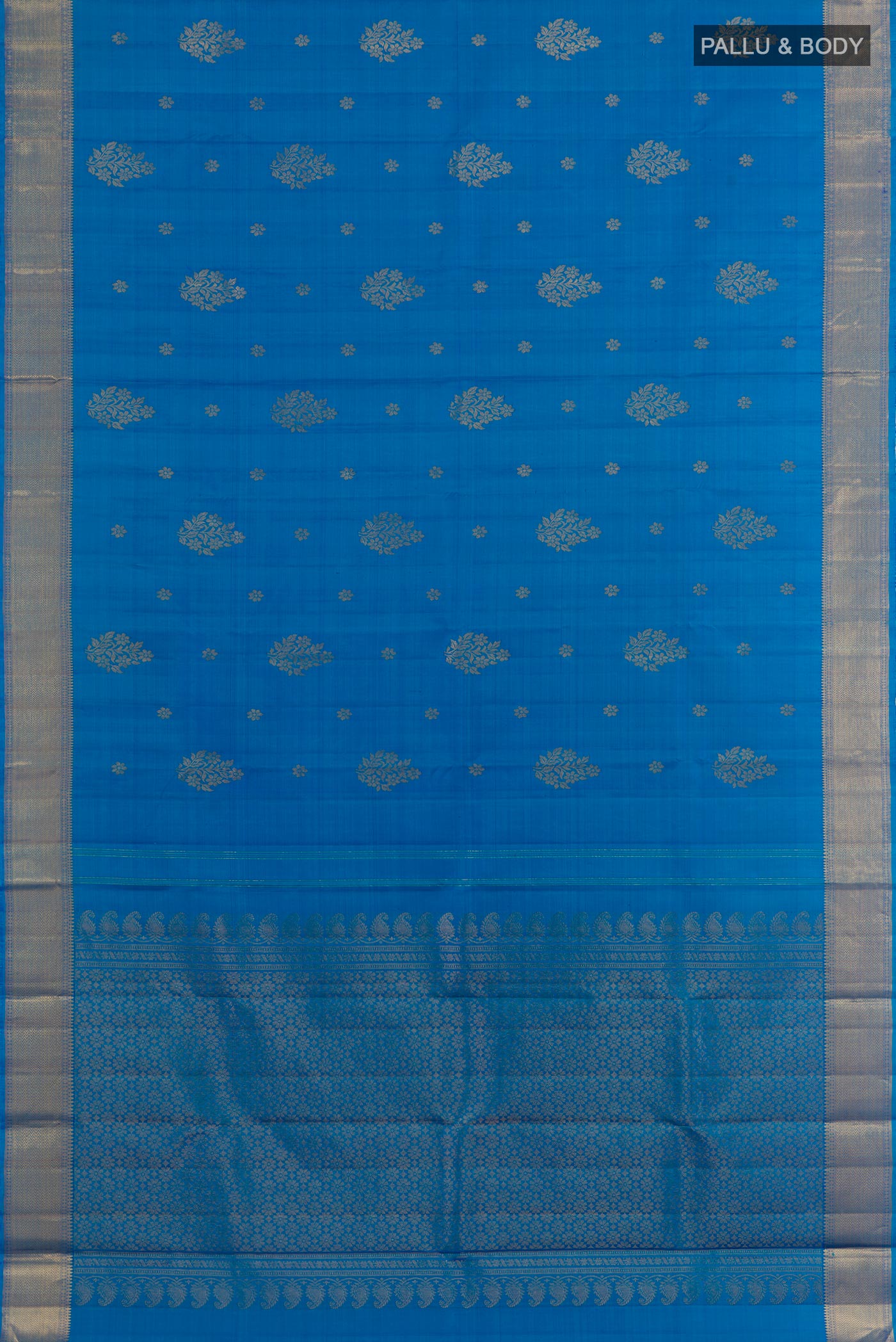 Flat view of Royal Blue Kanjivaram Silk Saree with Zari Butta on the body and Zari Border. 