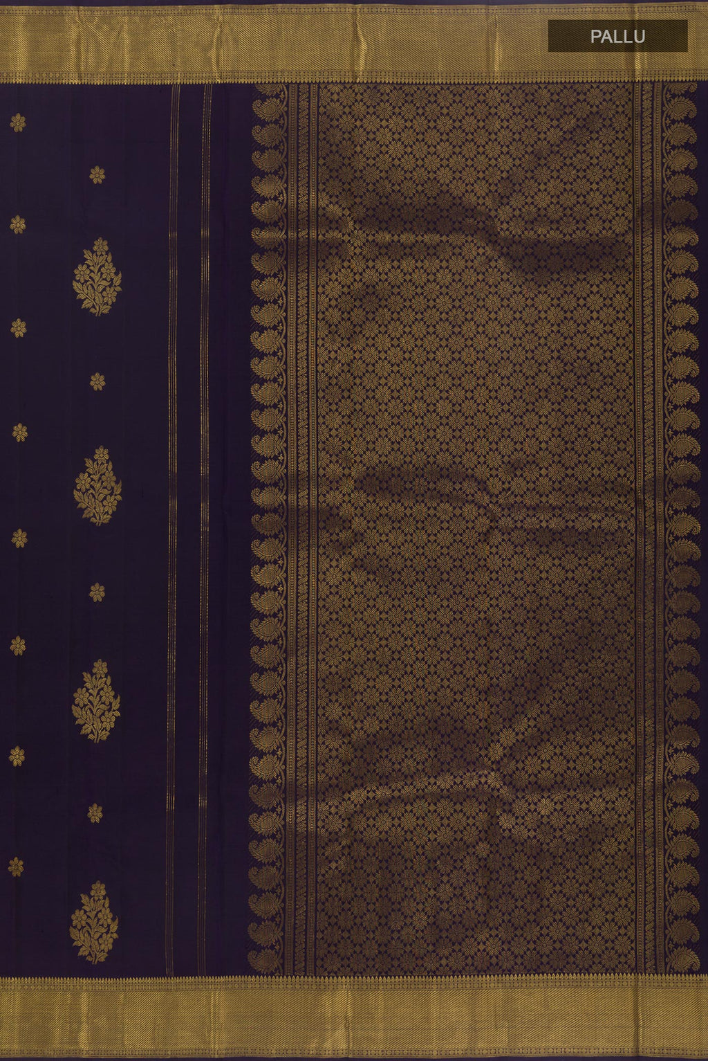 Close up image of the pallu of Navy Blue Kanjivaram Silk Saree with Zari Butta on the body and Zari Border. 