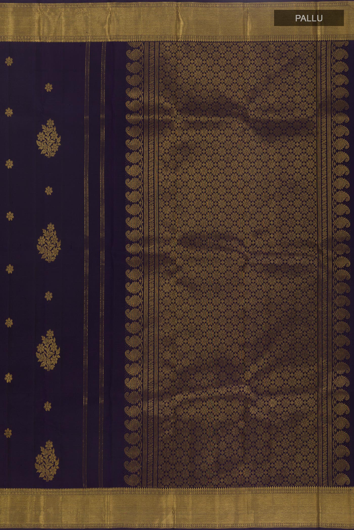 Close up image of the pallu of Navy Blue Kanjivaram Silk Saree with Zari Butta on the body and Zari Border. 