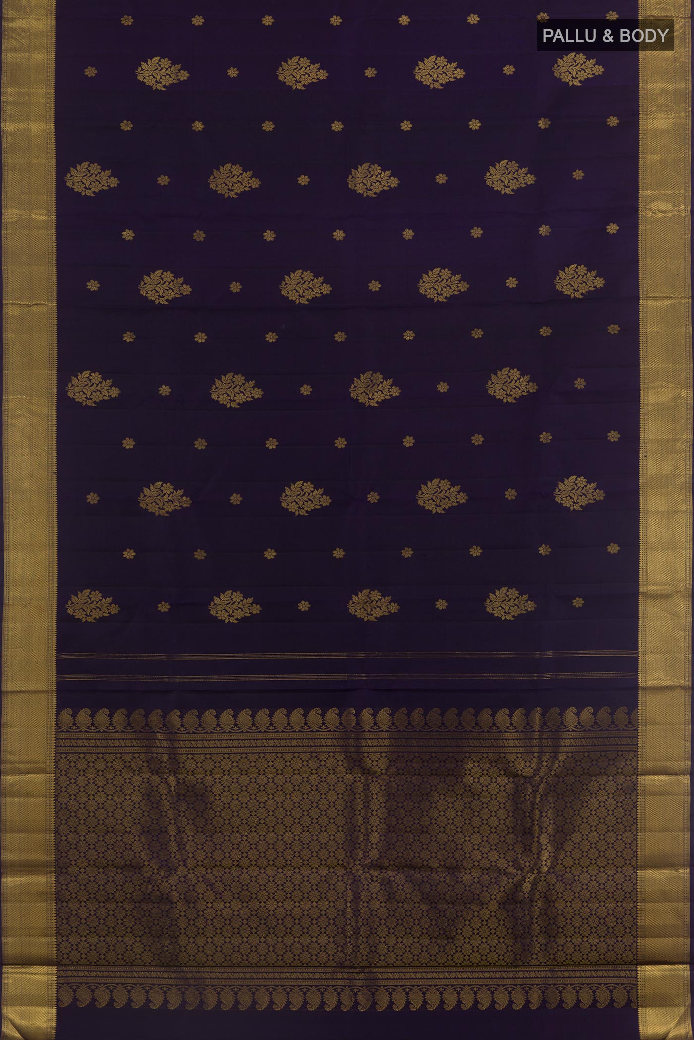 Flat view of Navy Blue Kanjivaram Silk Saree with Zari Butta on the body and Zari Border. 