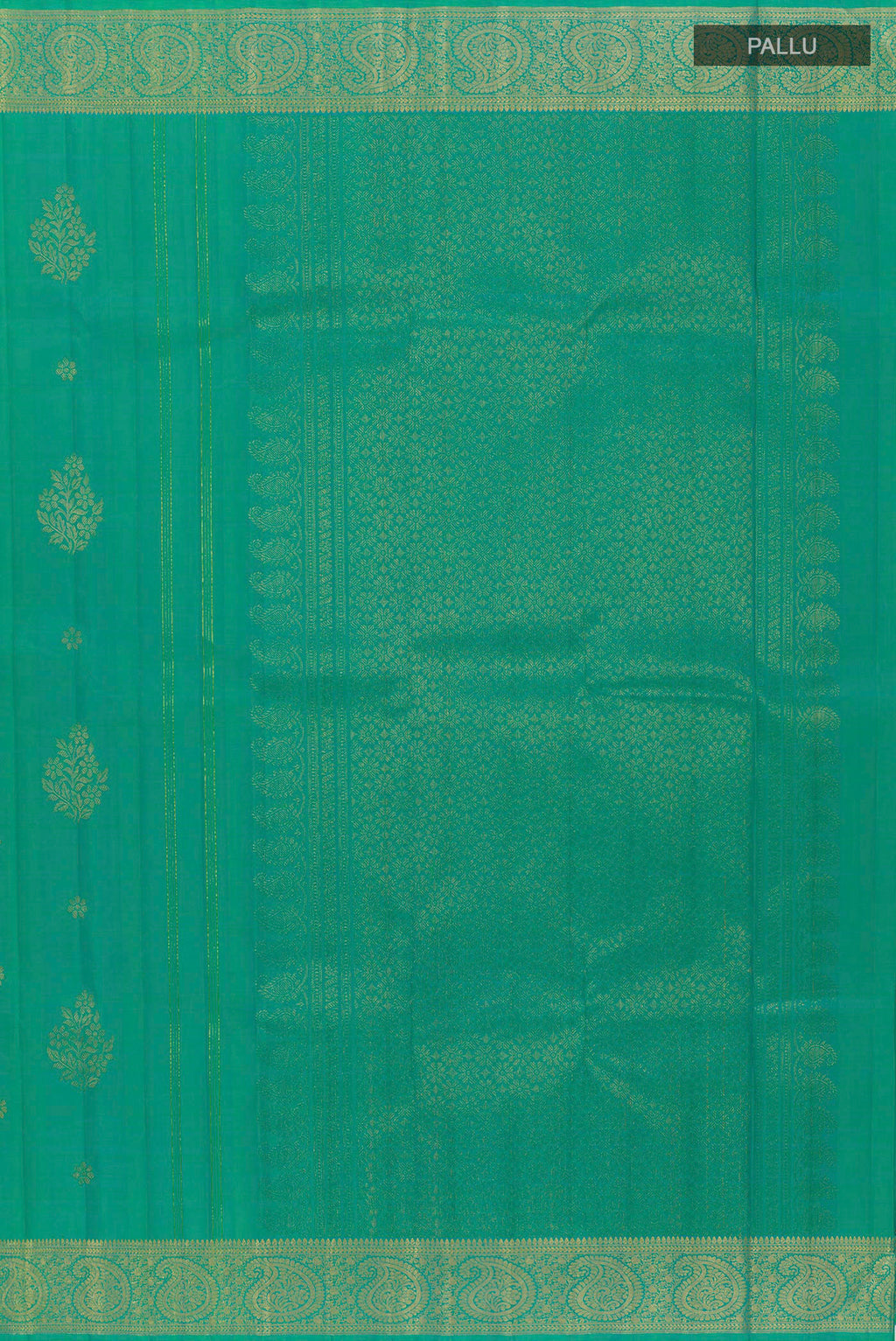 Close up image of the pallu of Turquoise Kanjivaram Silk Saree with Zari Butta on the body and Zari Border. 