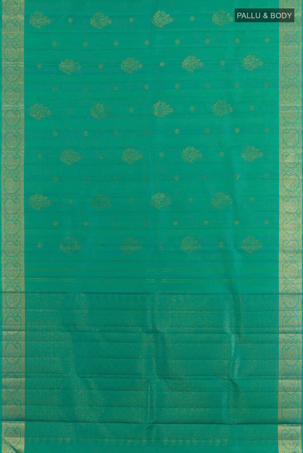 Flat view of Turquoise Kanjivaram Silk Saree with Zari Butta on the body and Zari Border. 