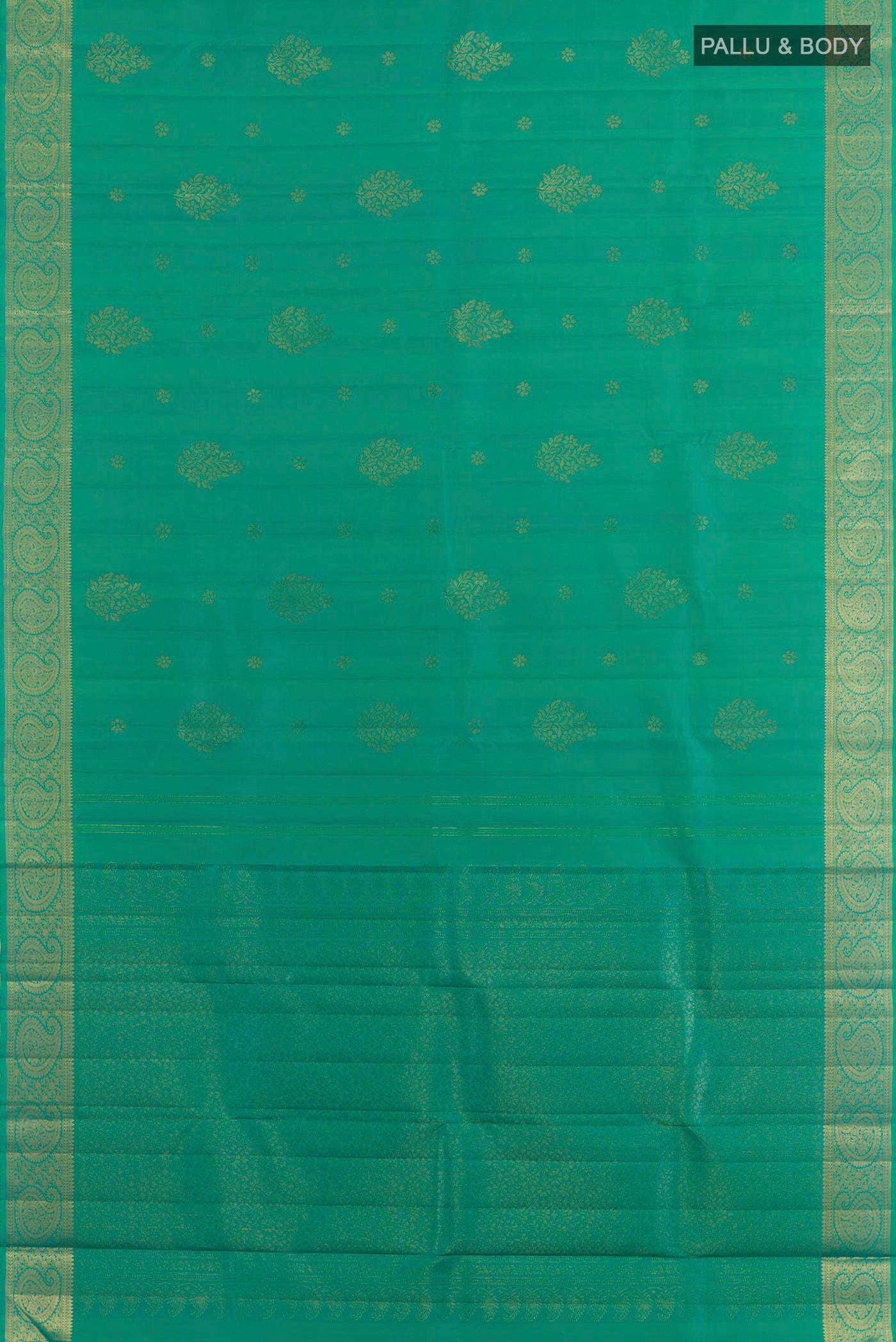 Flat view of Turquoise Kanjivaram Silk Saree with Zari Butta on the body and Zari Border. 