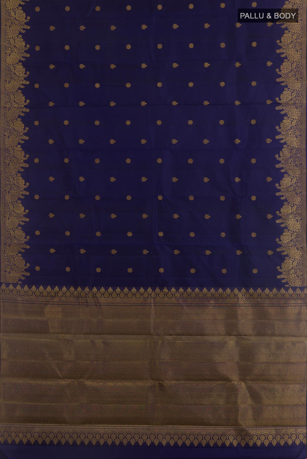 Flat view of Navy Blue Kanjivaram Silk Saree with Zari Butta on the body and Zari Border. 