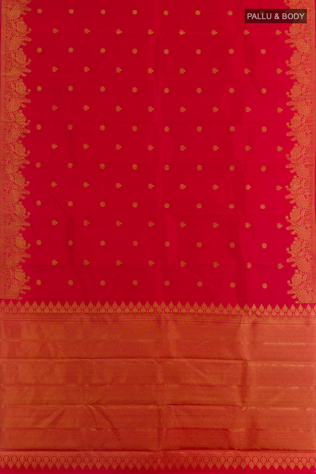 Flat view of Red Kanjivaram Silk Saree with Zari Butta on the body and Zari Border. 