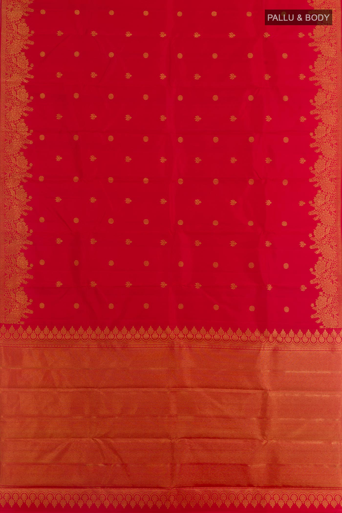 Flat view of Red Kanjivaram Silk Saree with Zari Butta on the body and Zari Border. 