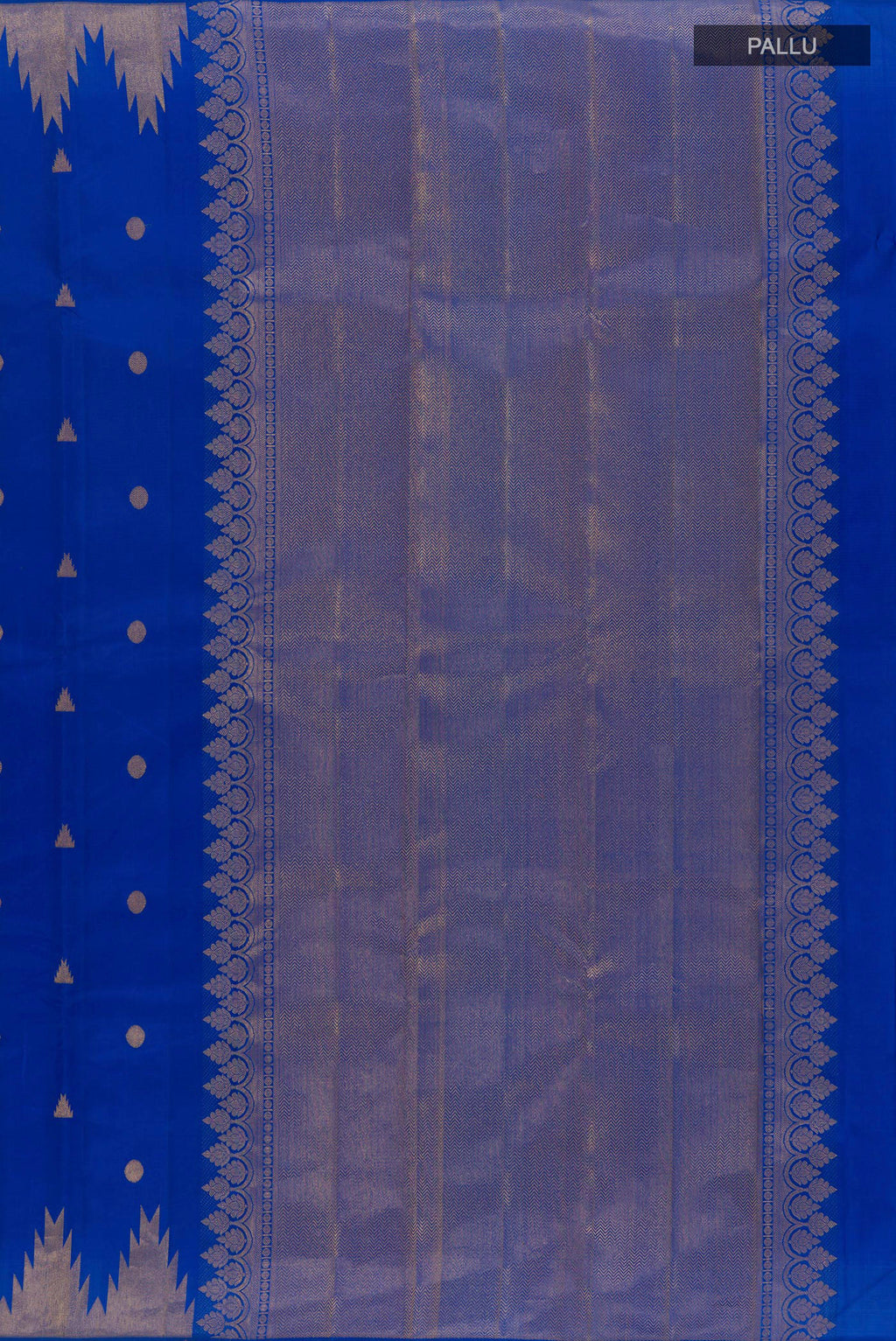 Close up image of the pallu of Royal Blue Kanjivaram Silk Saree with Zari Butta on the body and Temple Border. 