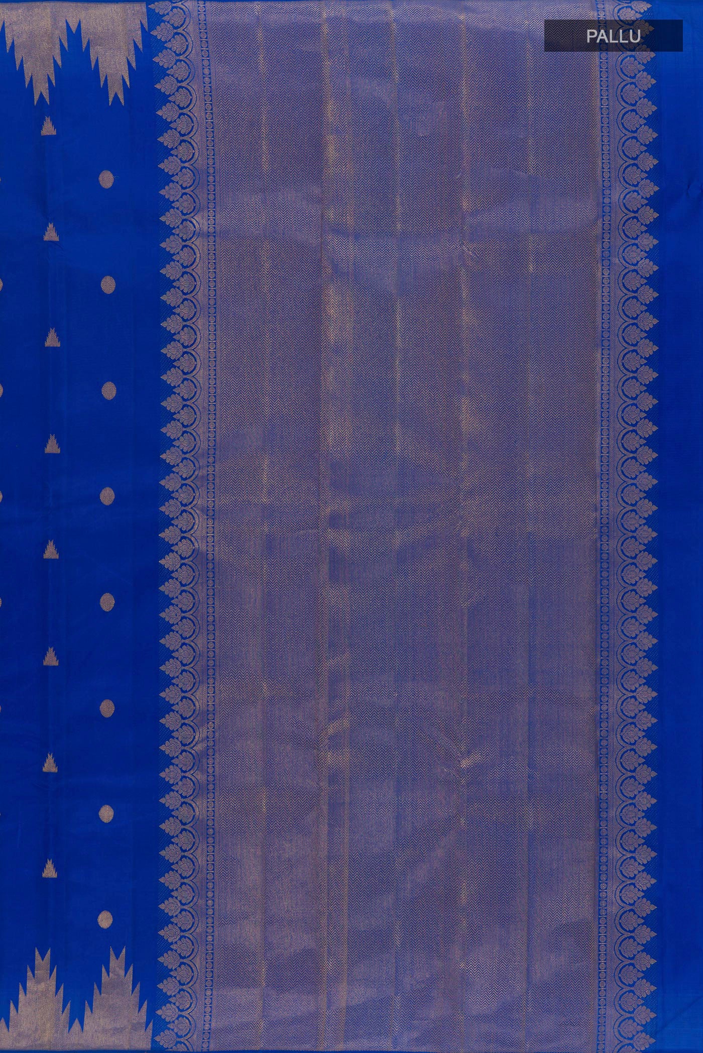 Close up image of the pallu of Royal Blue Kanjivaram Silk Saree with Zari Butta on the body and Temple Border. 
