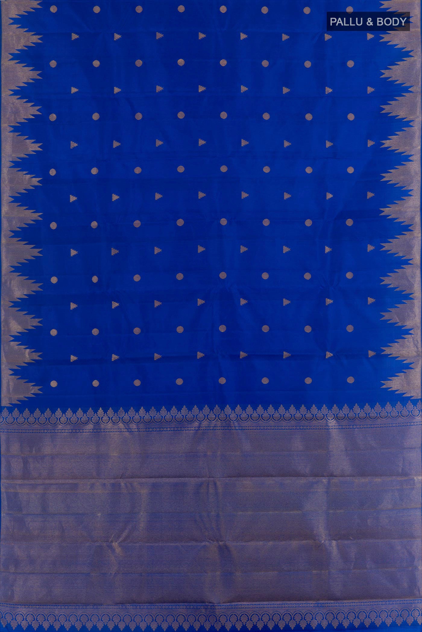 Flat view of Royal Blue Kanjivaram Silk Saree with Zari Butta on the body and Temple Border. 