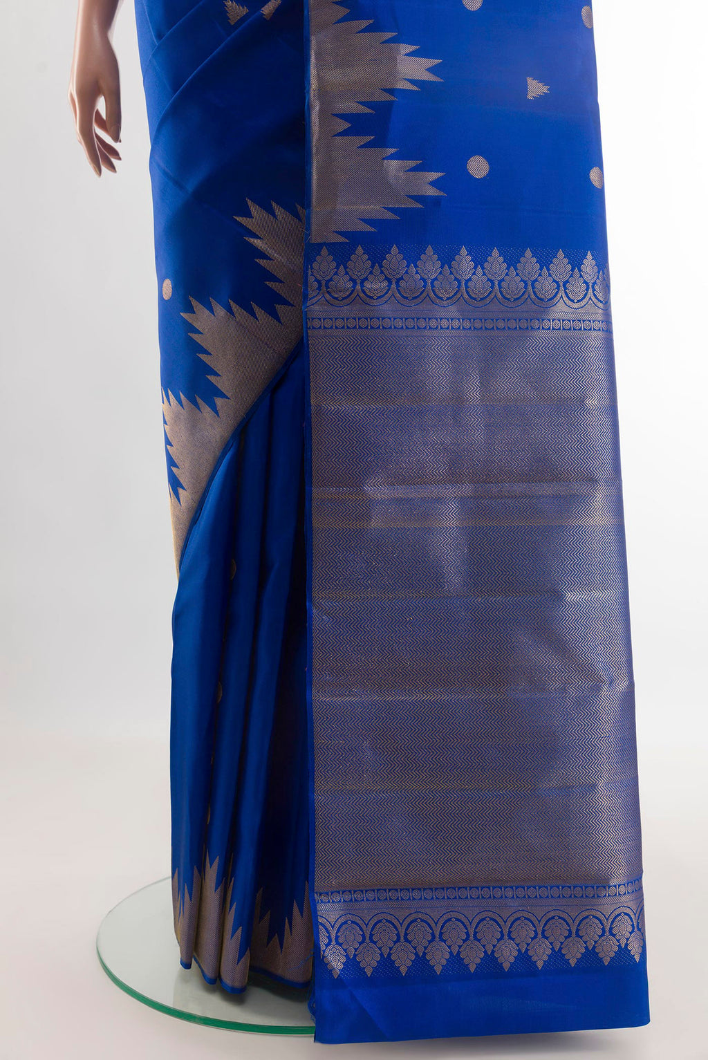 Pleats and pallu of Royal Blue Kanjivaram Silk Saree with Zari Butta on the body and Temple Border. 