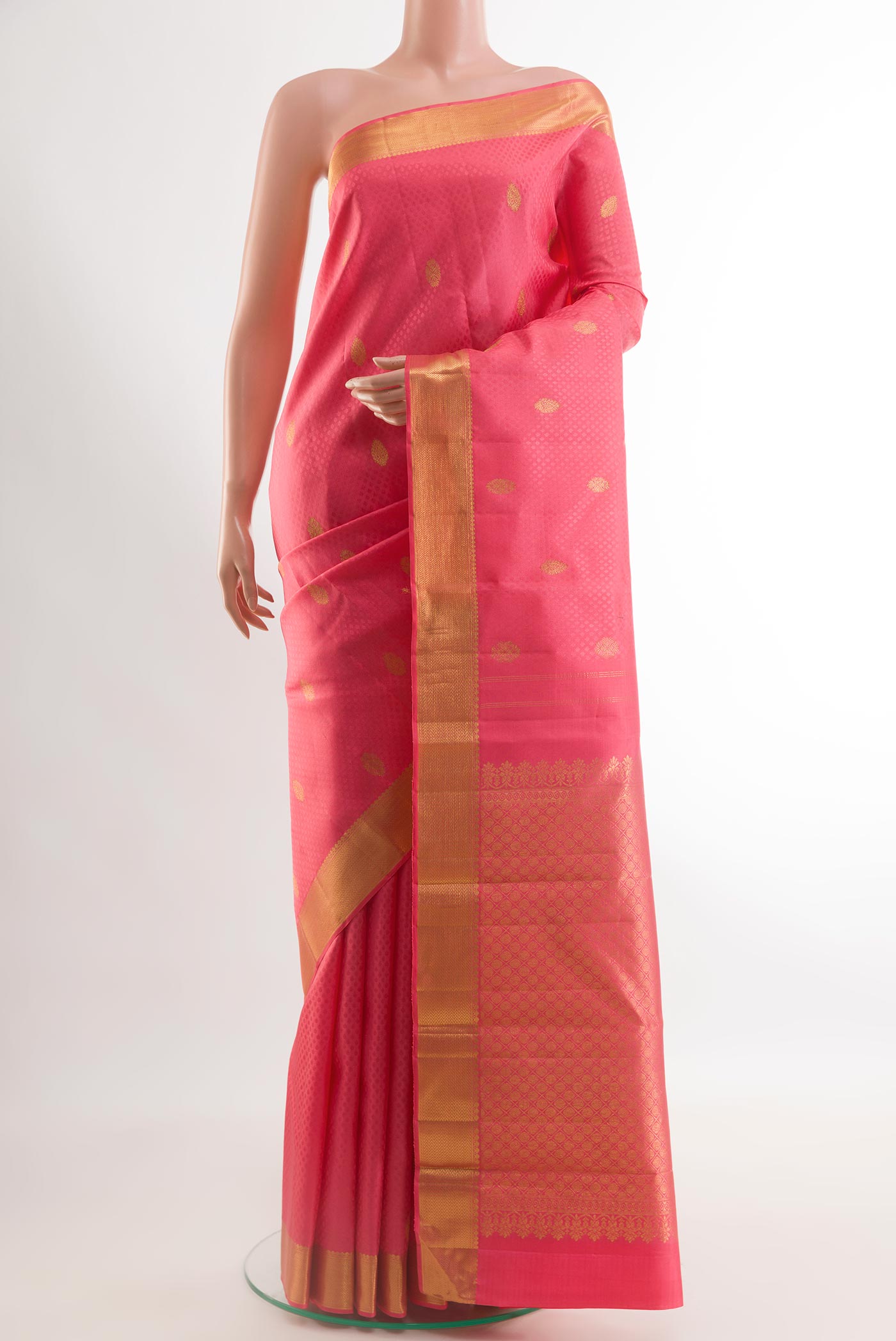 Pink Kanjivaram Silk Saree with Jacquard With Zari Butta on the body and Zari Border.  displayed on a mannequin