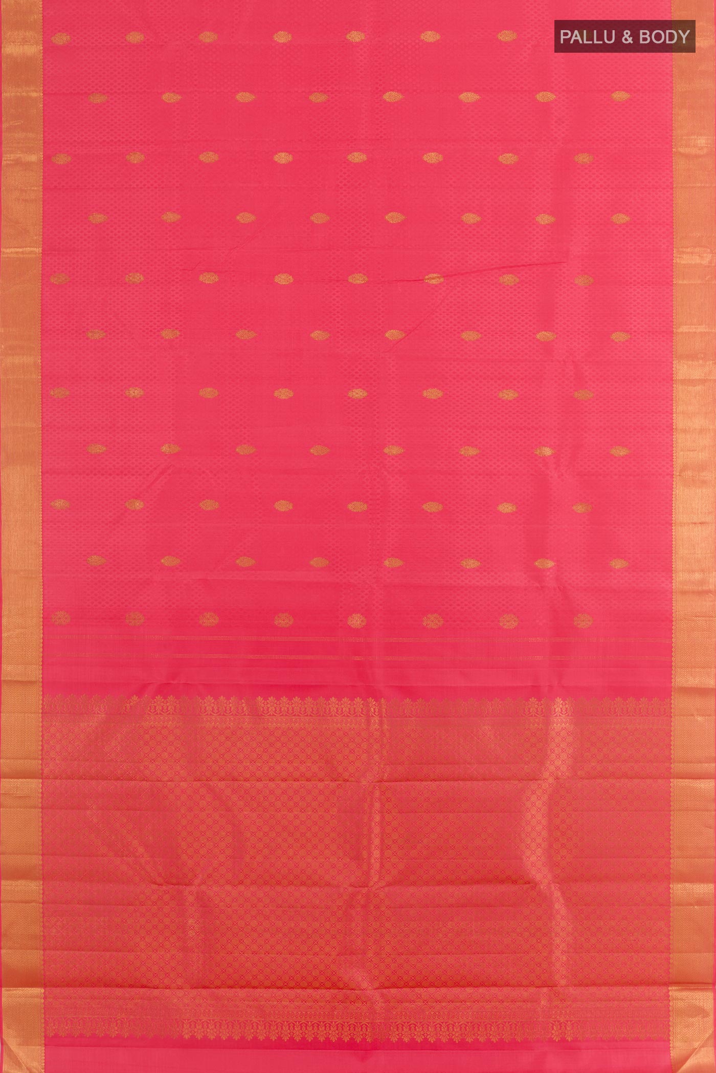 Flat view of Pink Kanjivaram Silk Saree with Jacquard With Zari Butta on the body and Zari Border. 