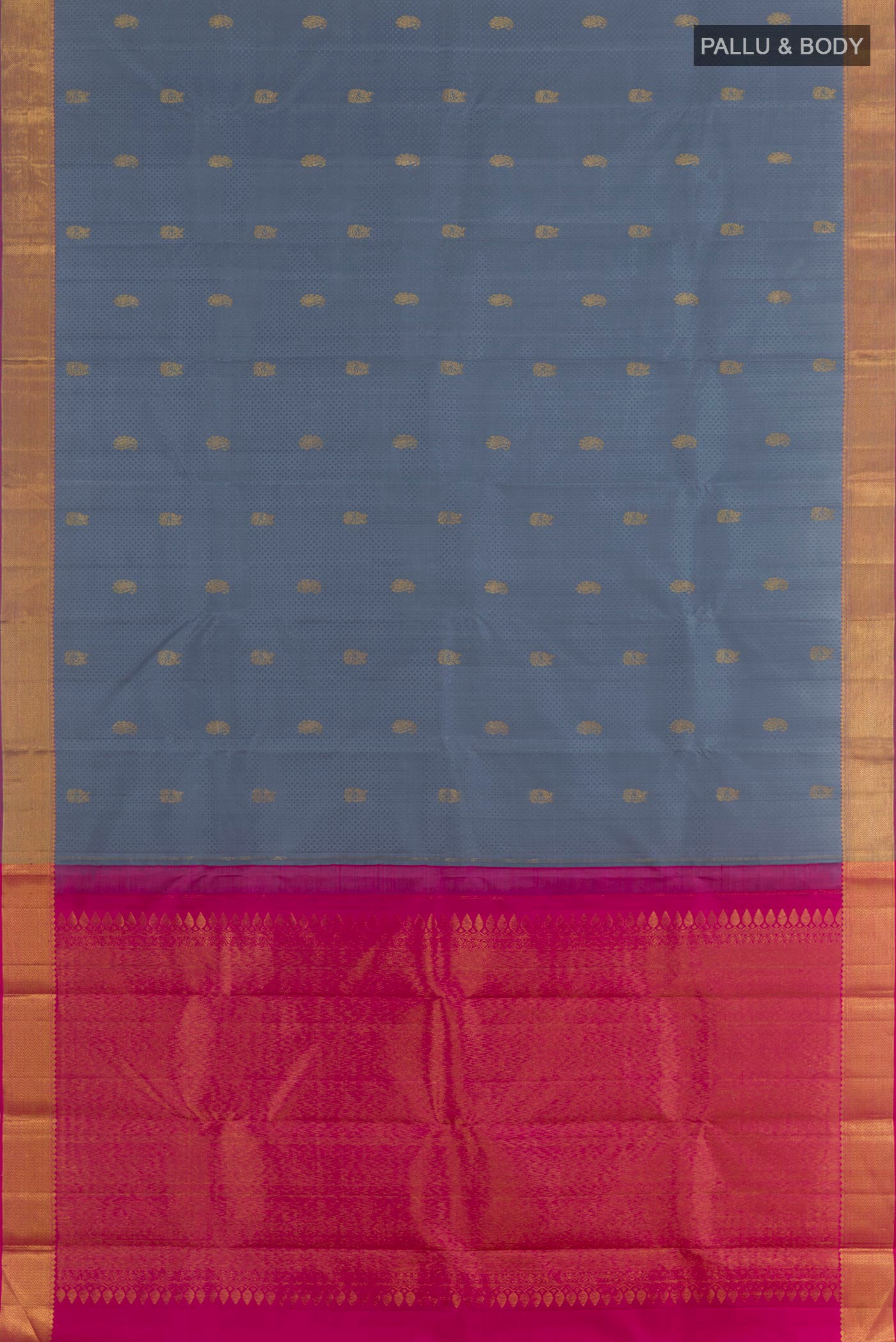 Flat view of Grey Kanjivaram Silk Saree with Jacquard With Zari Butta on the body and Zari Border. 