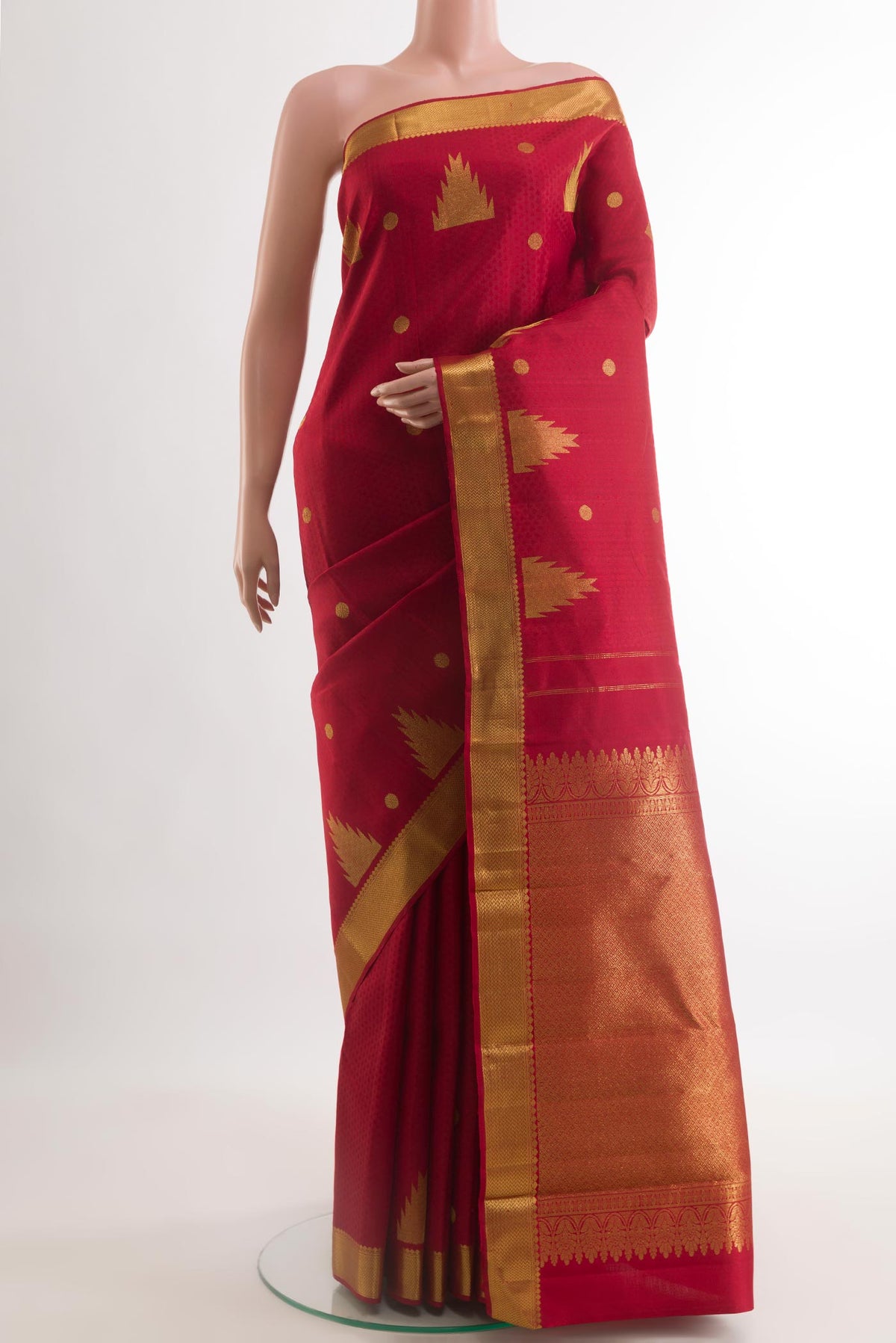 Red Kanjivaram Silk Saree with Jacquard With Zari Butta on the body and Zari Border.  displayed on a mannequin