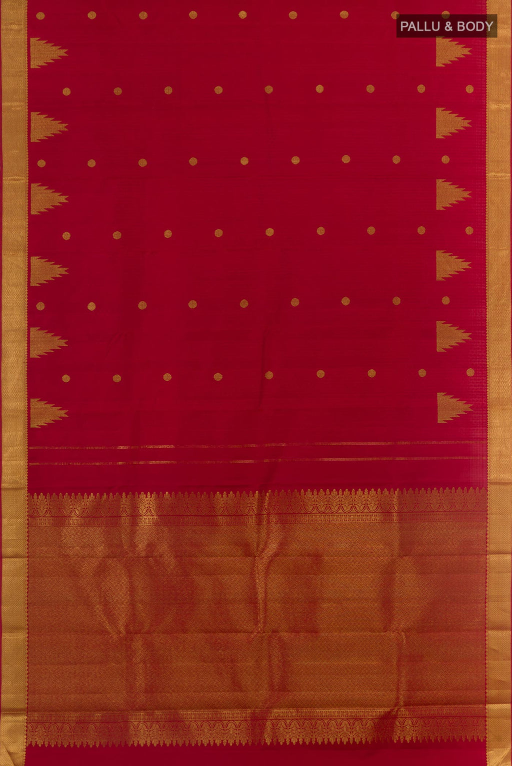 Flat view of Red Kanjivaram Silk Saree with Jacquard With Zari Butta on the body and Zari Border. 