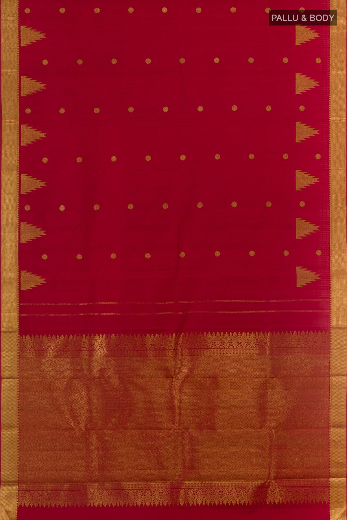 Flat view of Red Kanjivaram Silk Saree with Jacquard With Zari Butta on the body and Zari Border. 