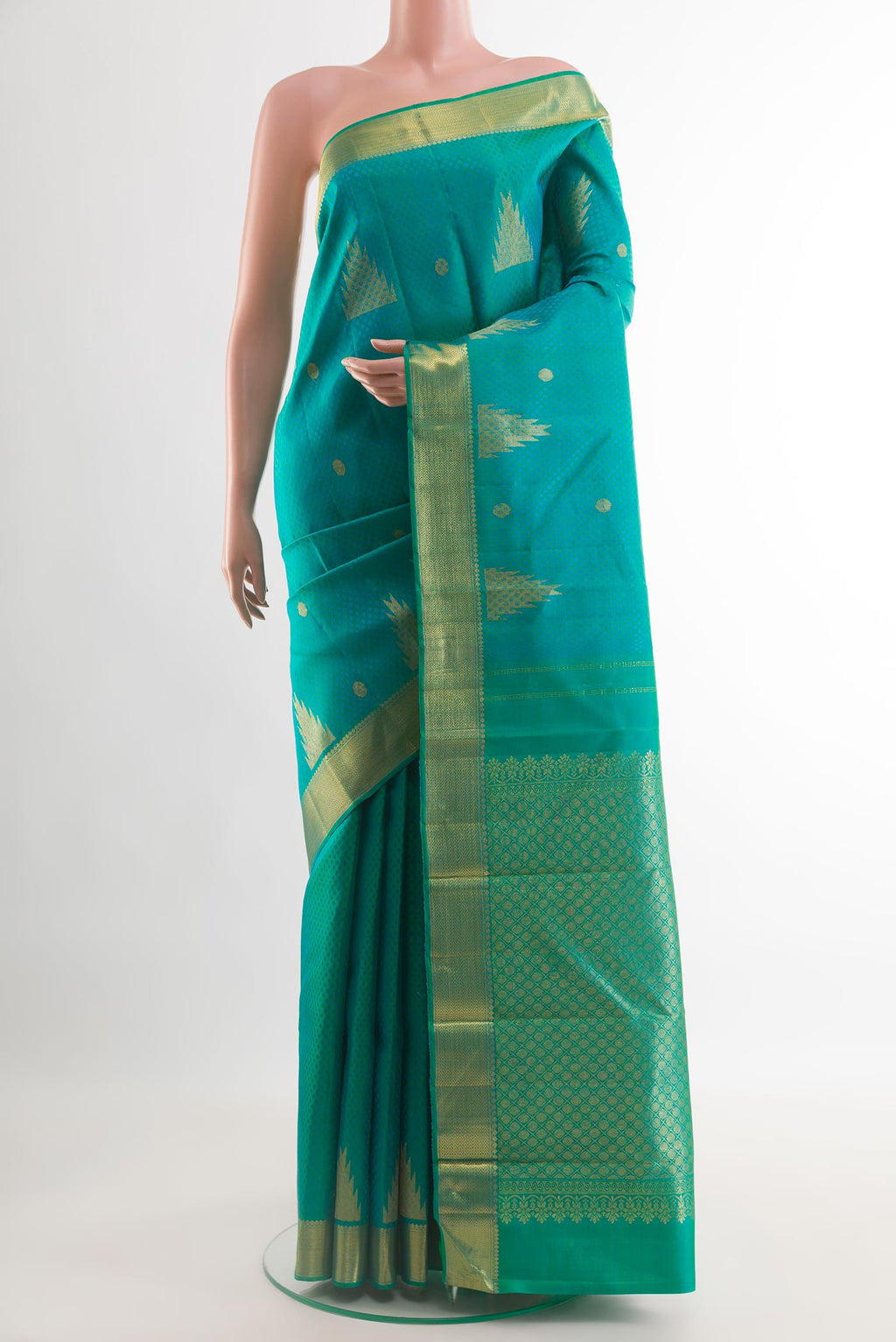 Turquoise Kanjivaram Silk Saree with Jacquard With Zari Butta on the body and Zari Border.  displayed on a mannequin