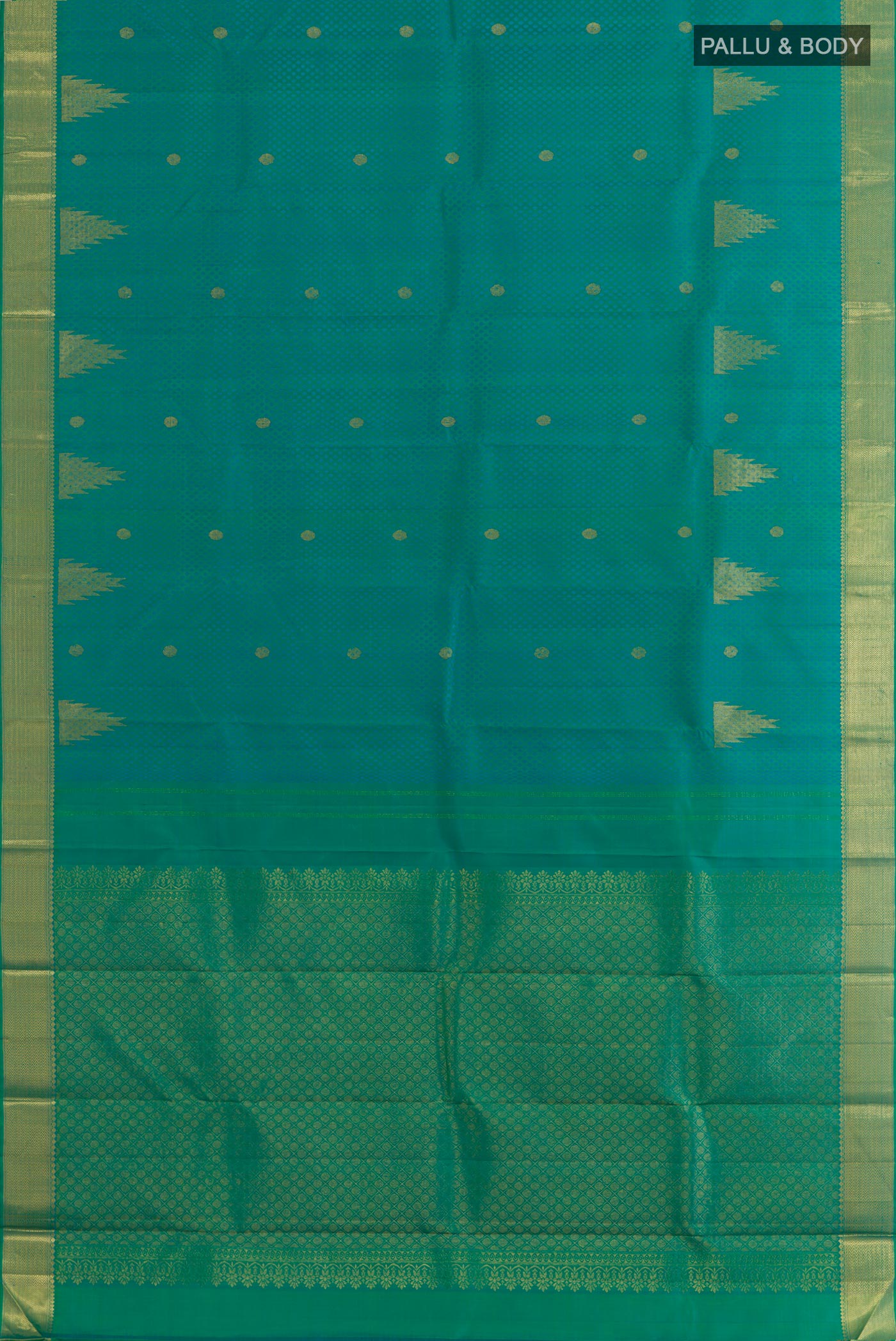 Flat view of Turquoise Kanjivaram Silk Saree with Jacquard With Zari Butta on the body and Zari Border. 