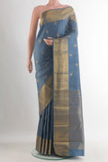 Pure Silk Blue Grey Kanjivaram Saree with Jacquard With Zari Butta on the body and Zari Border.  displayed on a mannequin