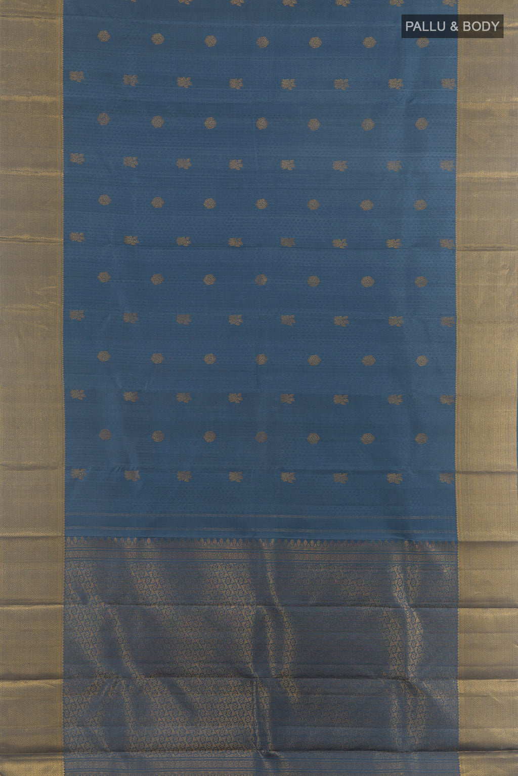 Flat view of Pure Silk Blue Grey Kanjivaram Saree with Jacquard With Zari Butta on the body and Zari Border. 
