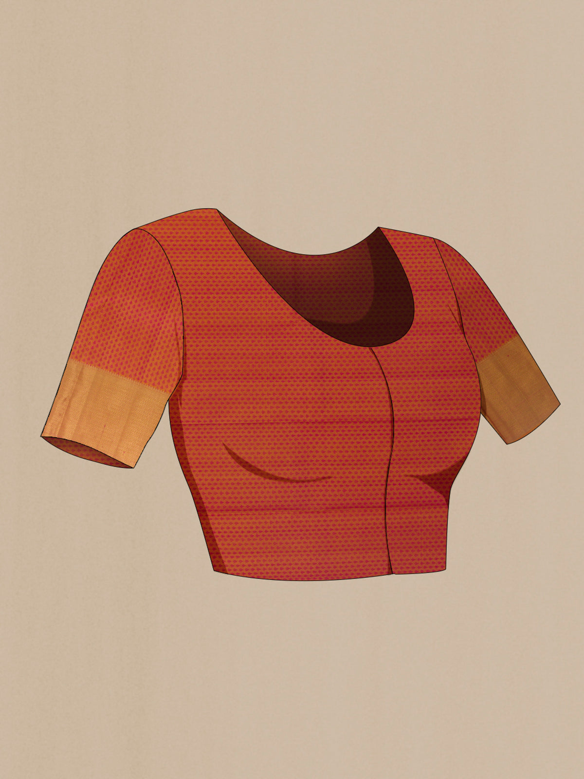 Close up image of the blouse of Pure Silk Brick Orange Dual Tone Kanjivaram Saree with Jacquard With Zari Butta on the body and Zari Border. 